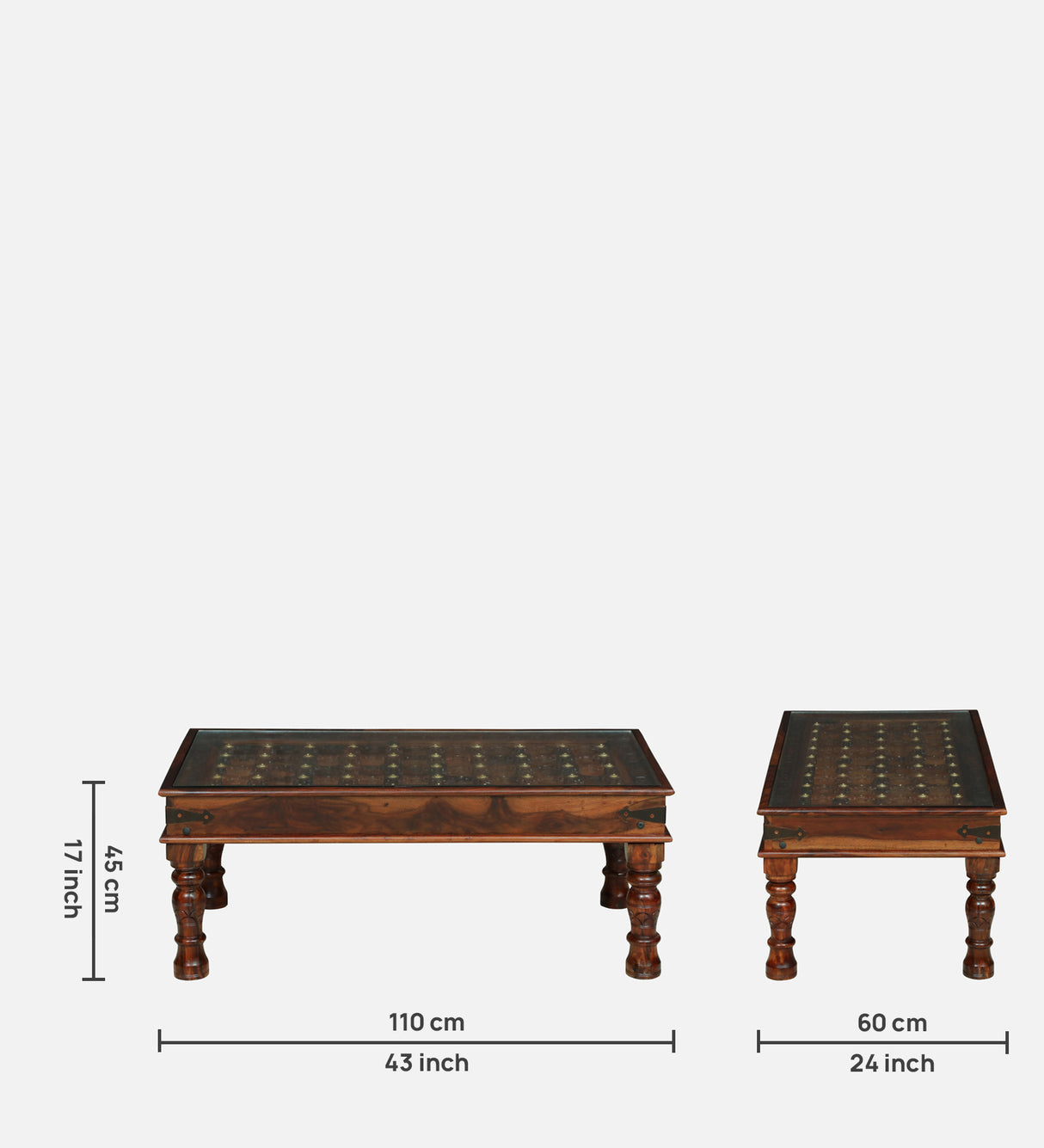 BUNDI Solid Sheesham Wood Coffee Table With Glass and Brass Detailing - 3 Years Warranty