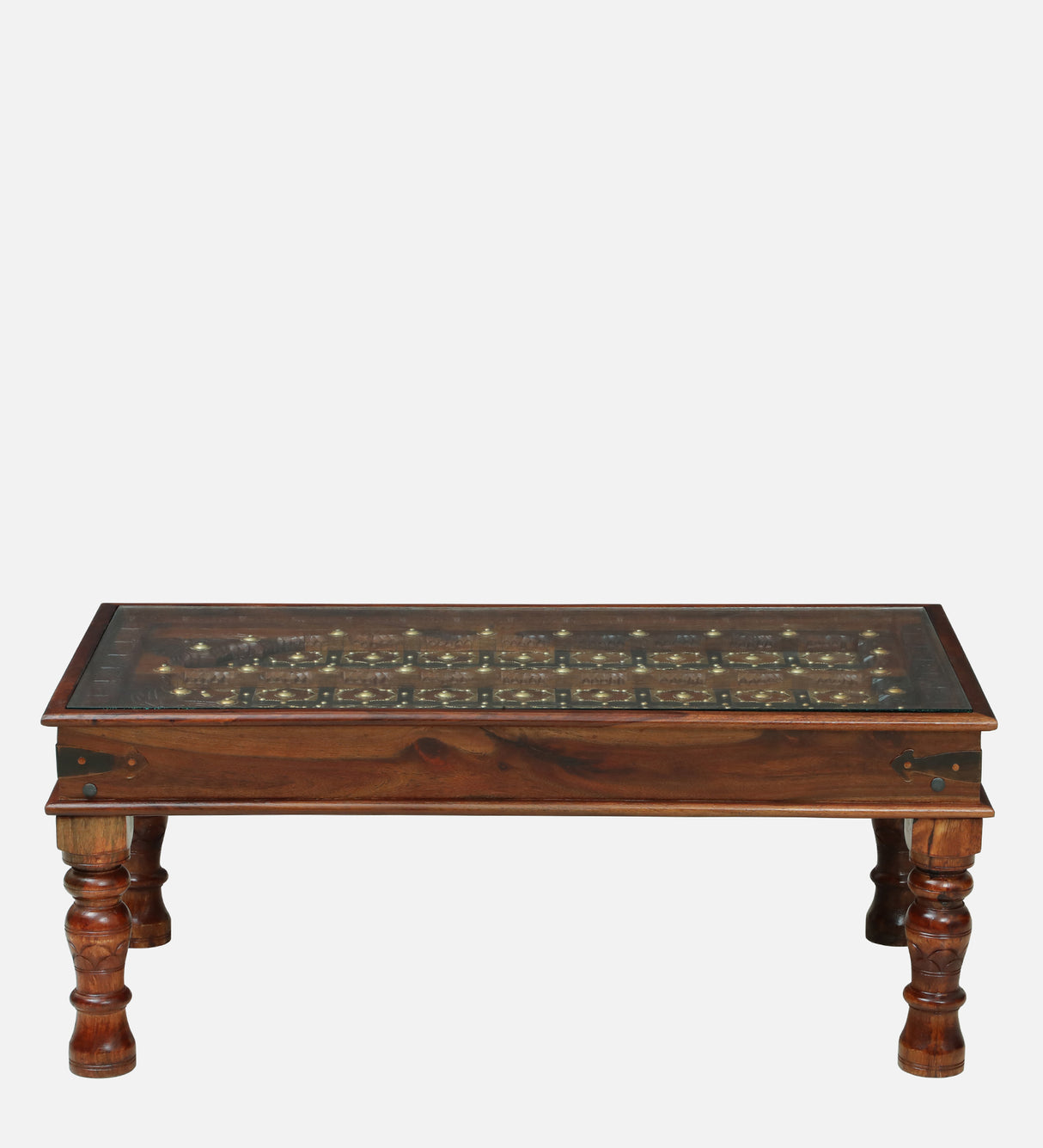 Haveli Solid Sheesham Wood Coffee Table With Glass and Brass Detailing - 3 Years Warranty