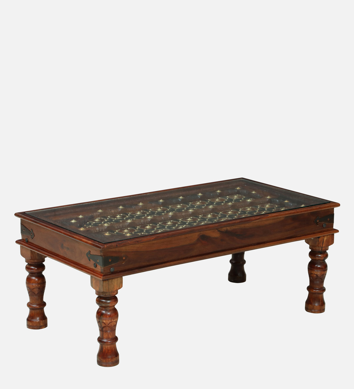 Haveli Solid Sheesham Wood Coffee Table With Glass and Brass Detailing - 3 Years Warranty