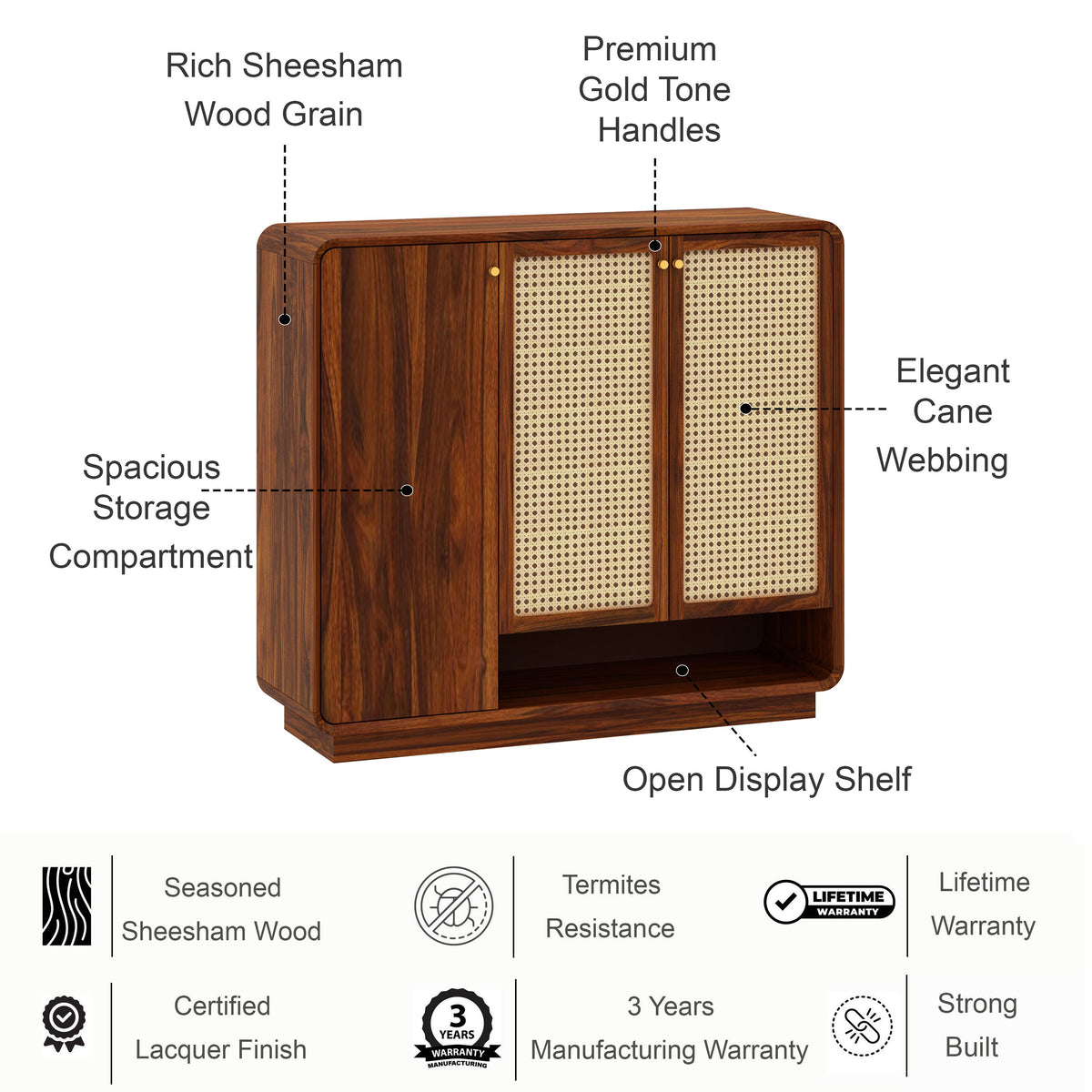 Naptune Solid Sheesham Wood Shoe Rack With Three Doors and Open Shelf- 3-Year Warranty