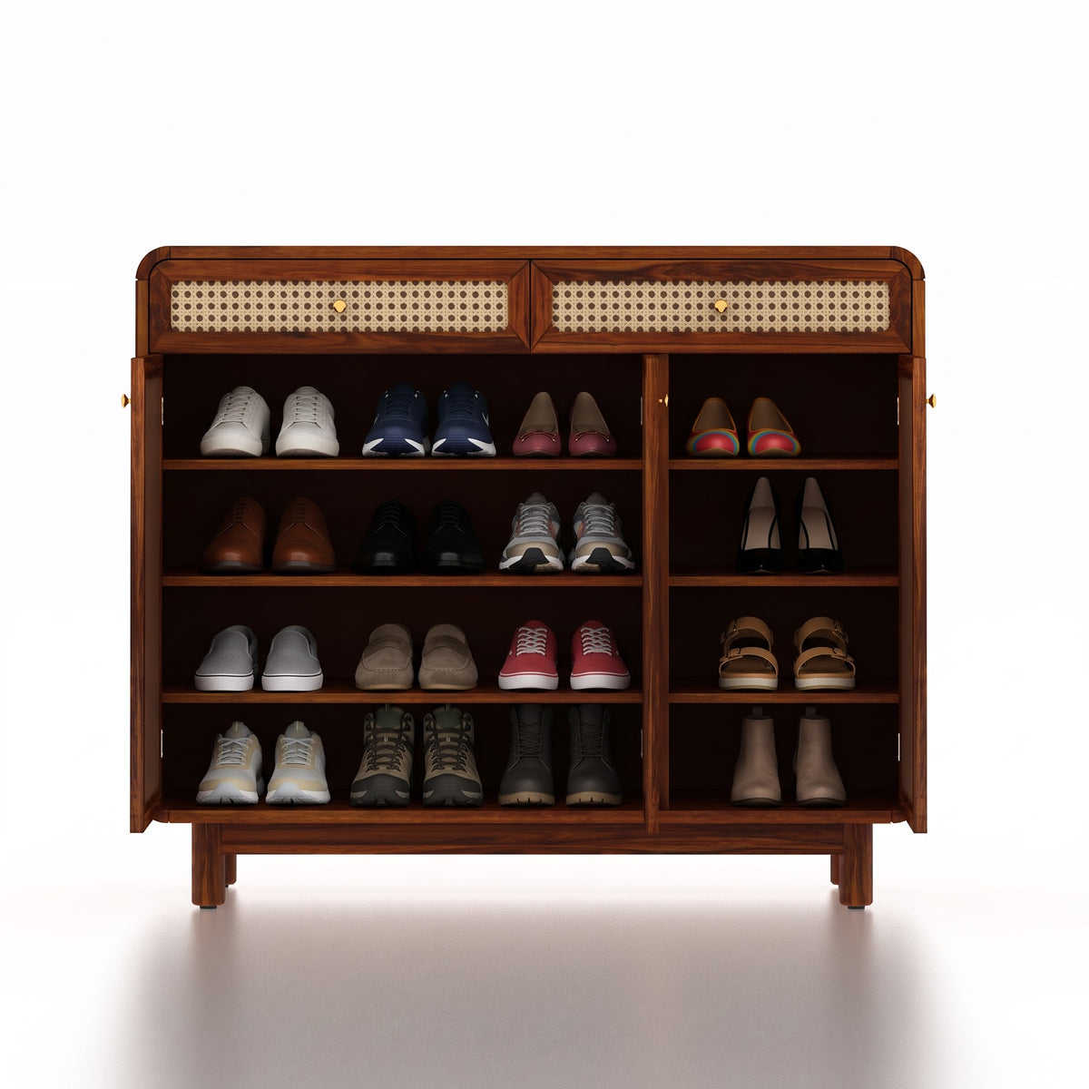 Cosmos Solid Sheesham Wood Shoe Rack With three Doors and Two Drawer 3 - Year Warranty