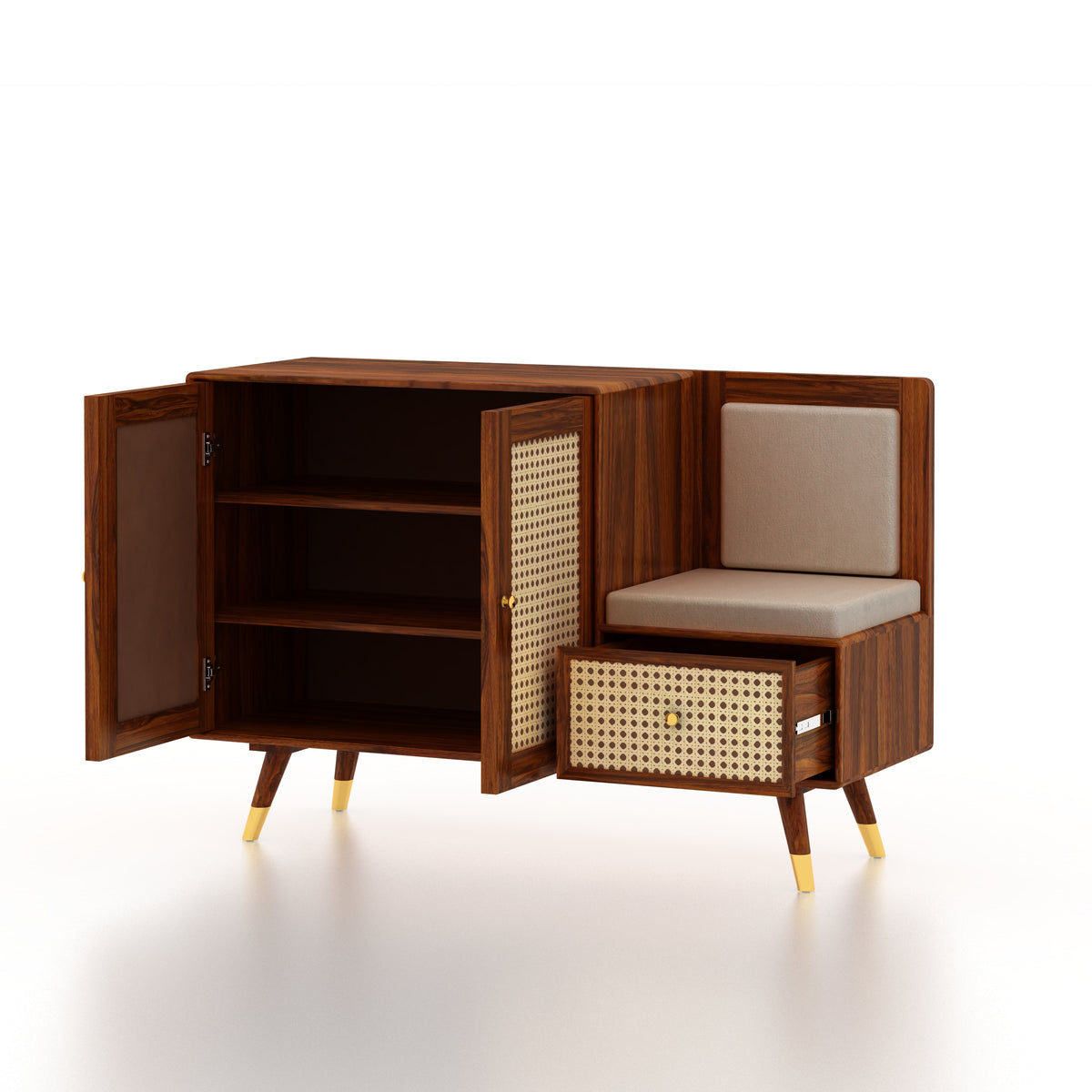 SYRUS Solid Sheesham Wood Shoe Rack with Doors, Seating Space 3 - Year Warranty