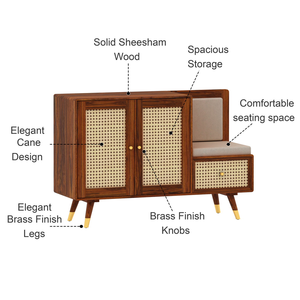 SYRUS Solid Sheesham Wood Shoe Rack with Doors, Seating Space 3 - Year Warranty