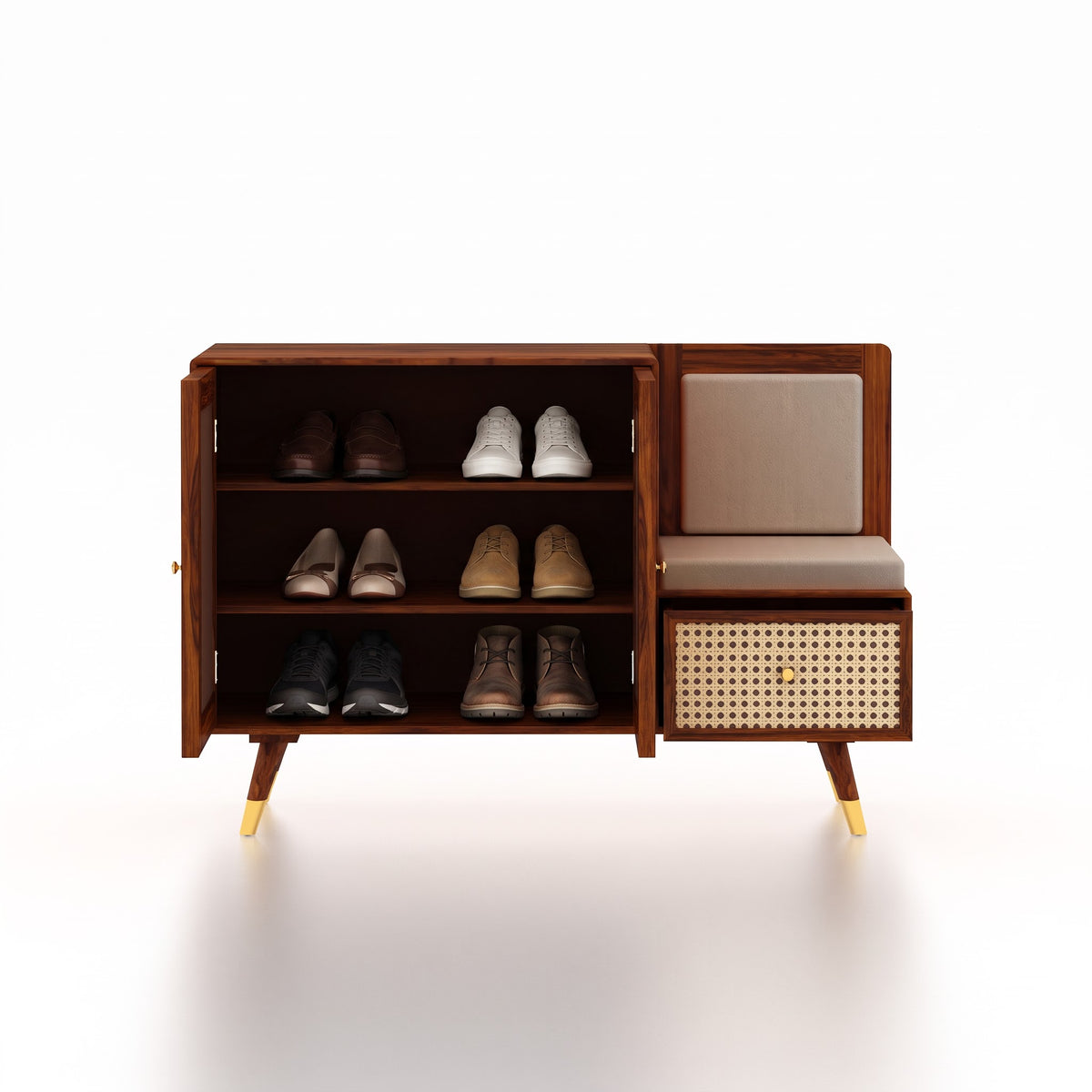 SYRUS Solid Sheesham Wood Shoe Rack with Doors, Seating Space 3 - Year Warranty