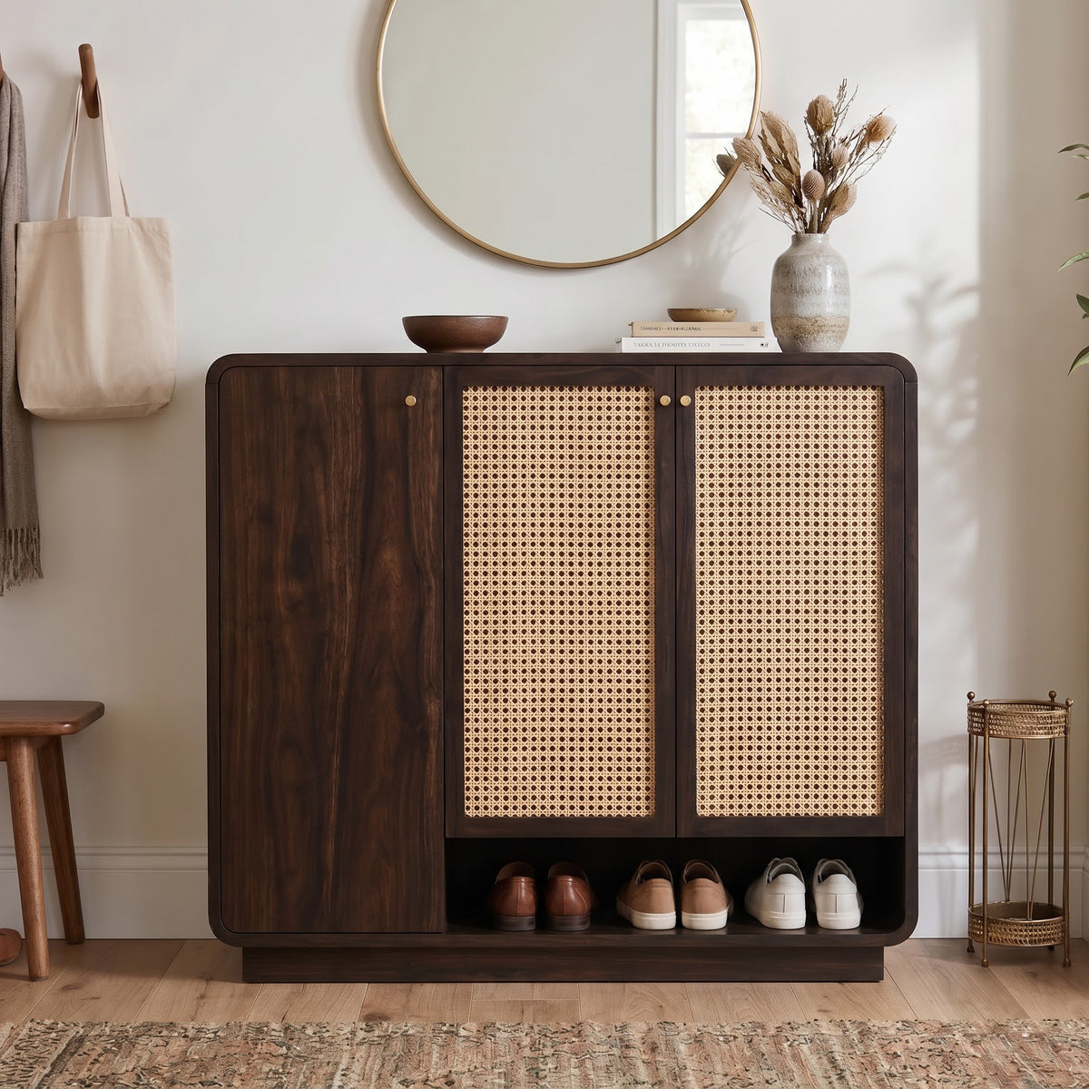 Naptune Solid Sheesham Wood Shoe Rack With Three Doors and Open Shelf- 3-Year Warranty