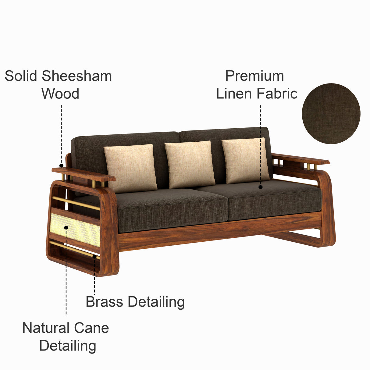 Edin Solid Sheesham Wood 3 Seater Sofa With Cane & Brass Detailing - 3 Year Warranty (LUXE EDITION)