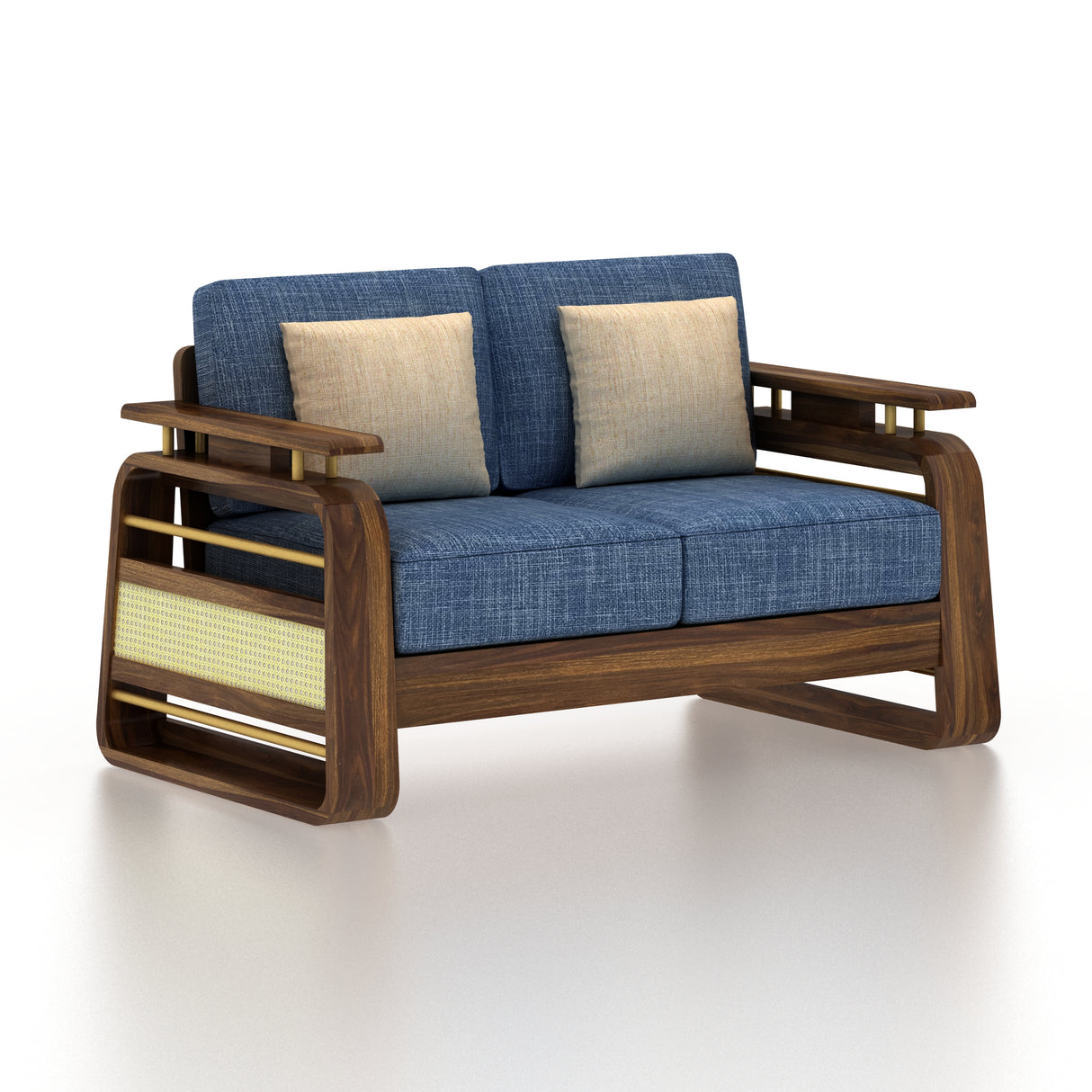 Edin Solid Sheesham Wood 2 Seater Sofa With Cane & Brass Detailing - 3 Year Warranty (LUXE EDITION)