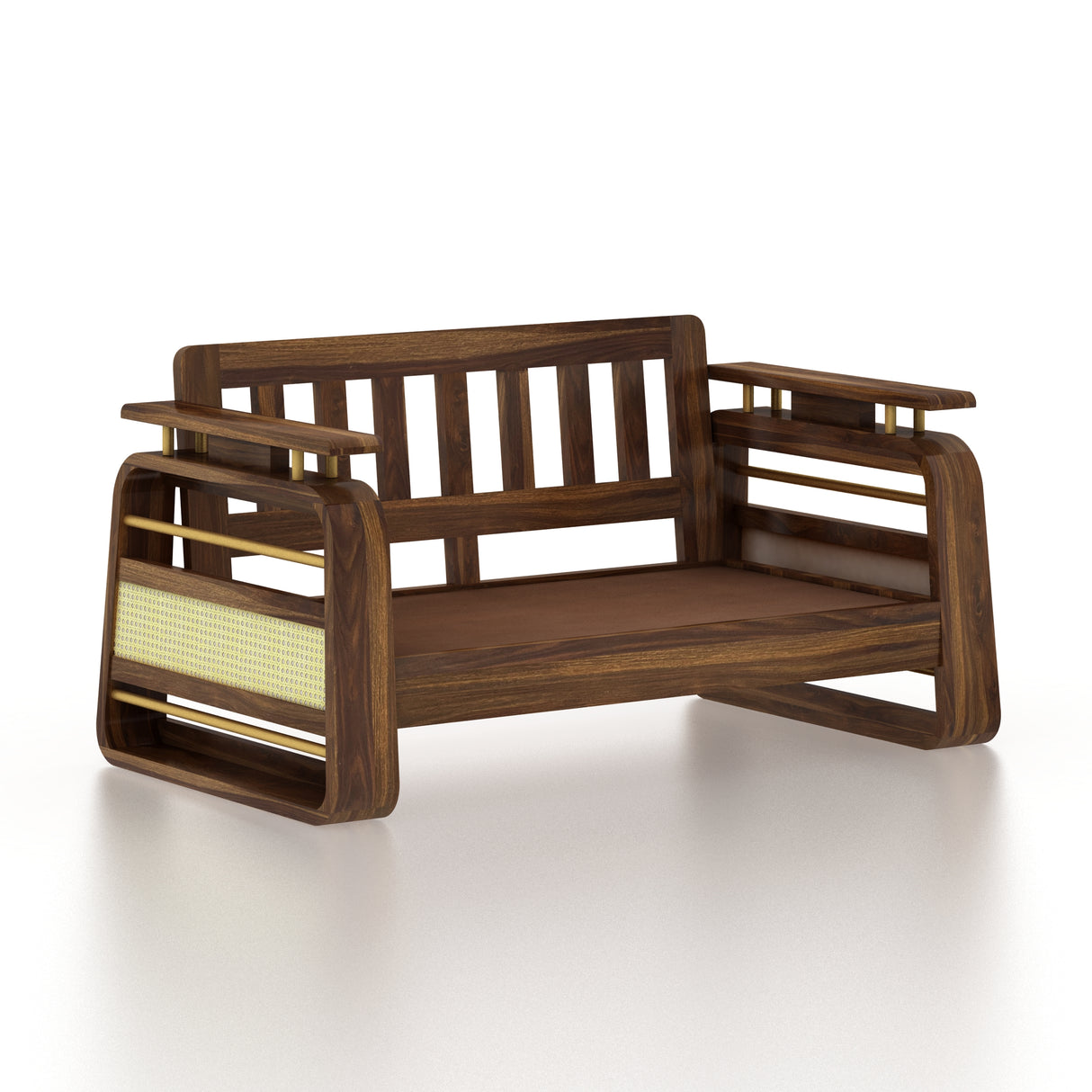 Edin Solid Sheesham Wood 2 Seater Sofa With Cane & Brass Detailing - 3 Year Warranty (LUXE EDITION)