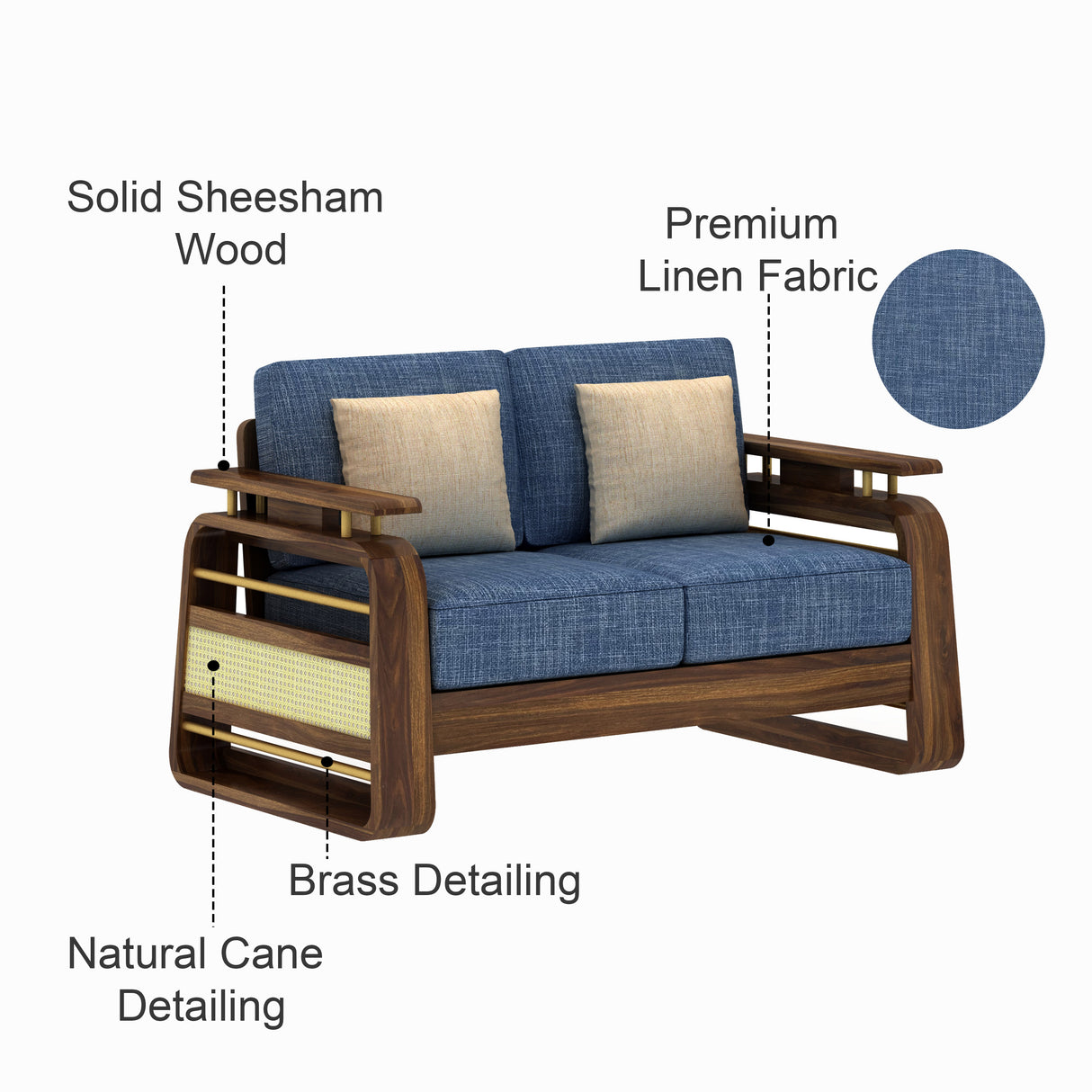 Edin Solid Sheesham Wood 2 Seater Sofa With Cane & Brass Detailing - 3 Year Warranty (LUXE EDITION)