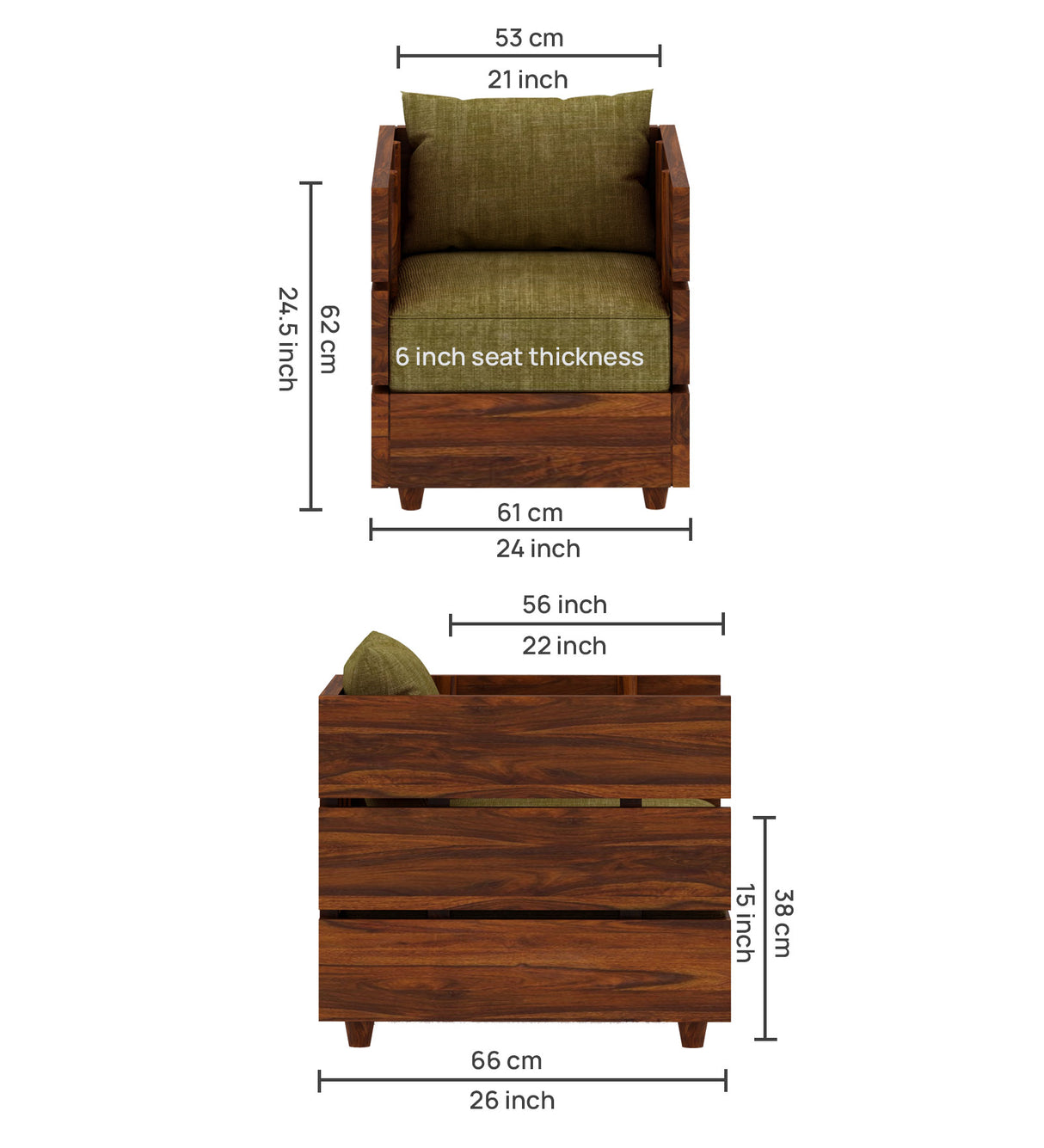 Cairo Solid Sheesham Wood Single Seater Sofa - 3 Year Warranty (LUXE EDITION)