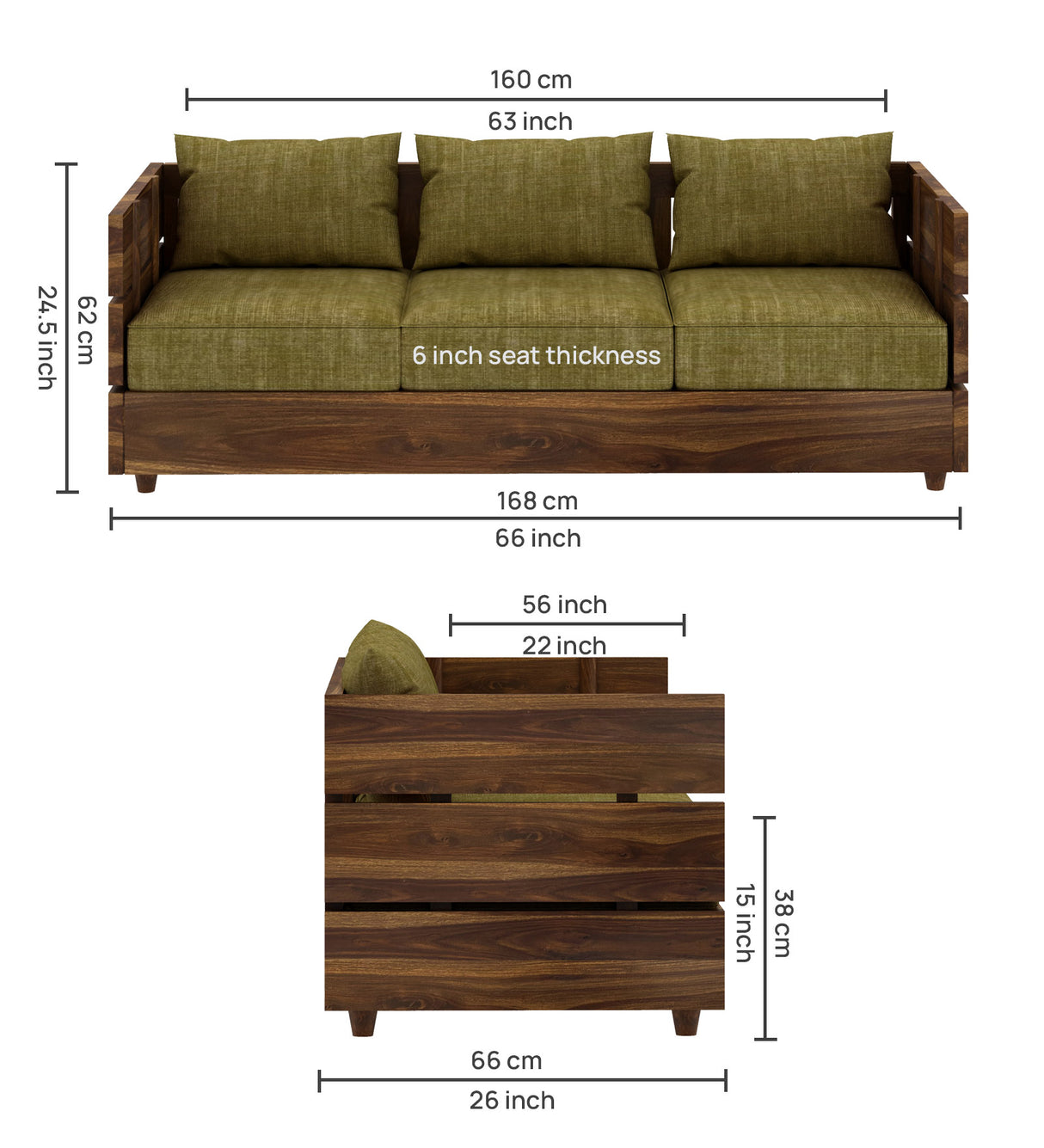 Cairo Solid Sheesham Wood 3 Seater Sofa - 3 Year Warranty (LUXE EDITION)
