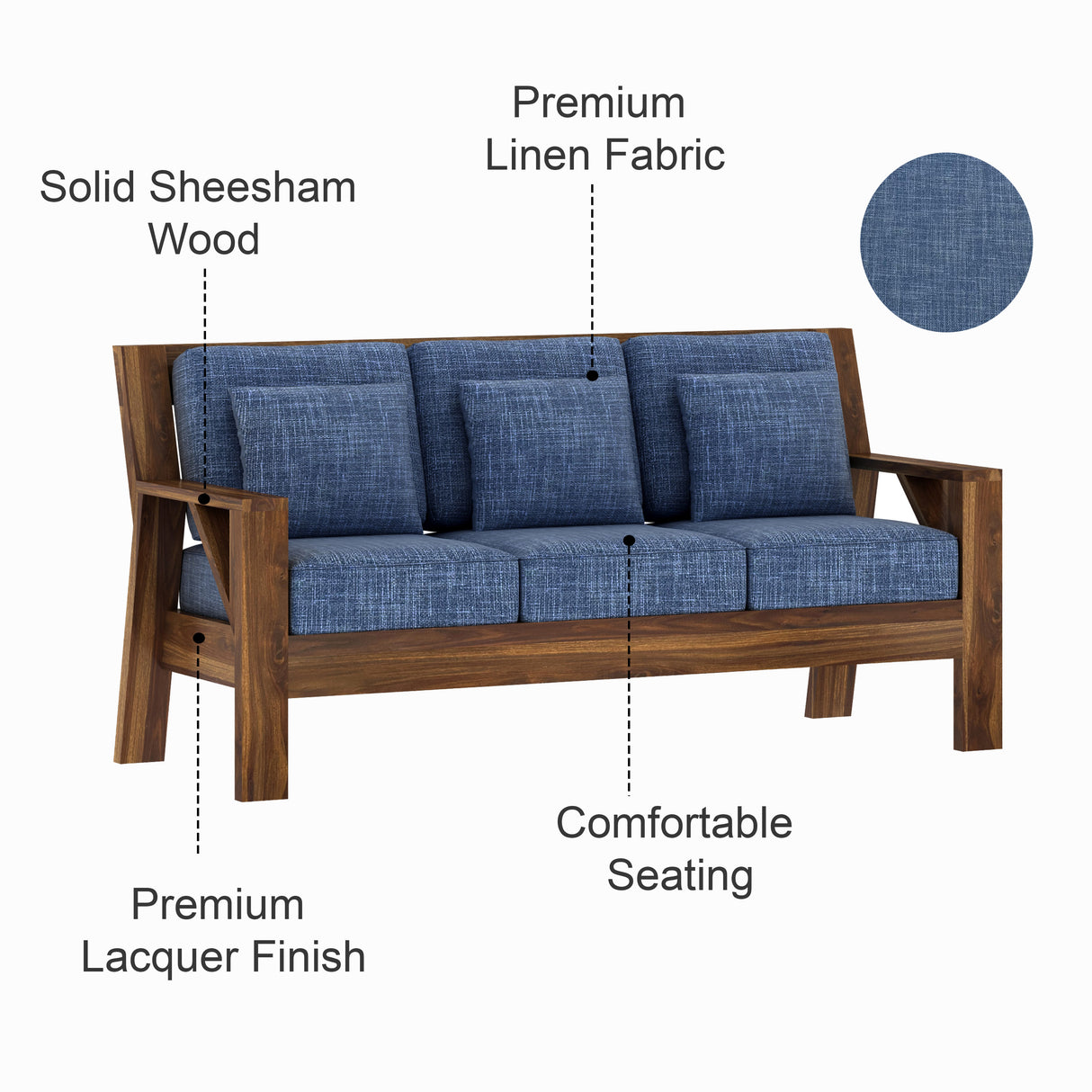 CIZAR Solid Sheesham Wood 3 Seater Sofa - 3 Year Warranty (LUXE EDITION)