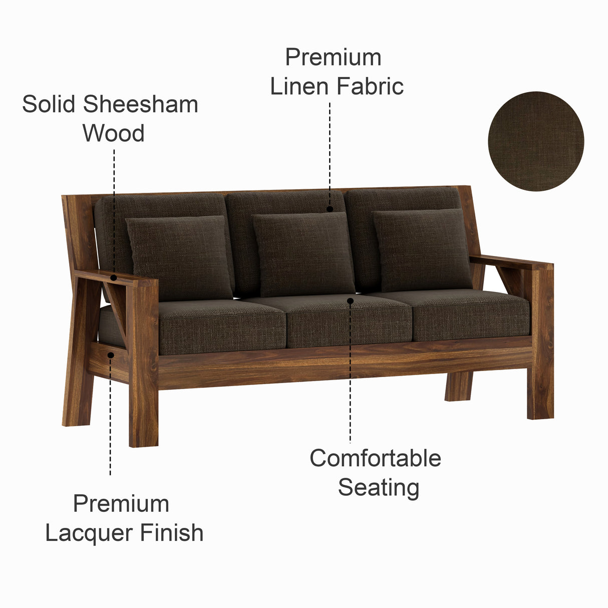 CIZAR Solid Sheesham Wood 3 Seater Sofa - 3 Year Warranty (LUXE EDITION)