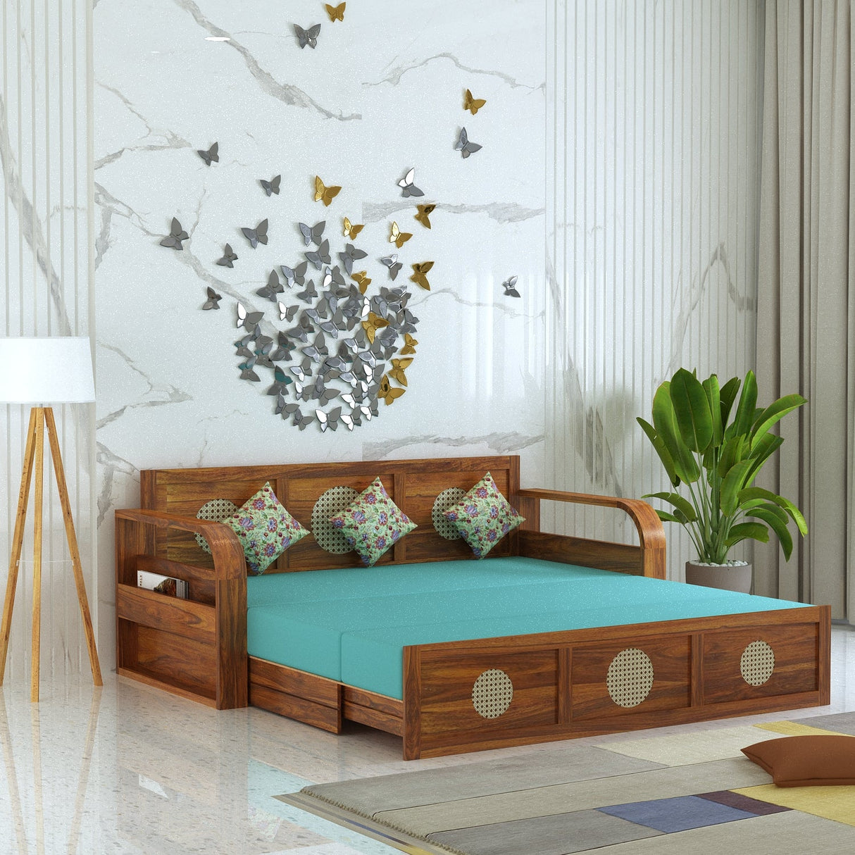 COSMOS Solid Sheesham Wood 3 Seater Sofa Cum Bed with Headboard Design - 3 years Warranty