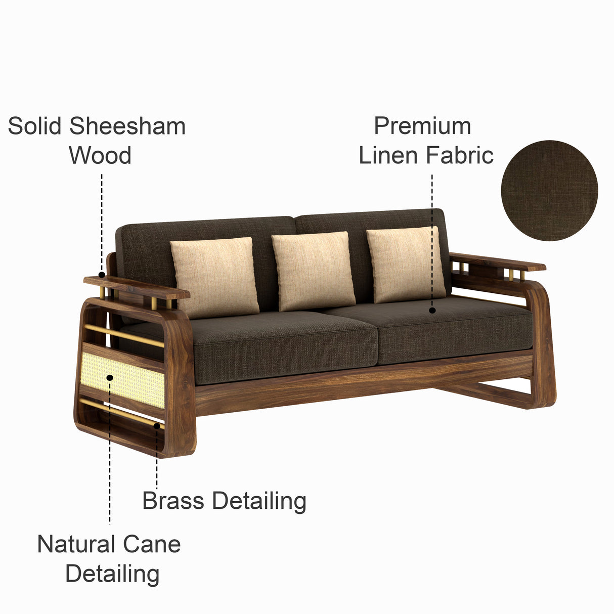 Edin Solid Sheesham Wood 3 Seater Sofa With Cane & Brass Detailing - 3 Year Warranty (LUXE EDITION)