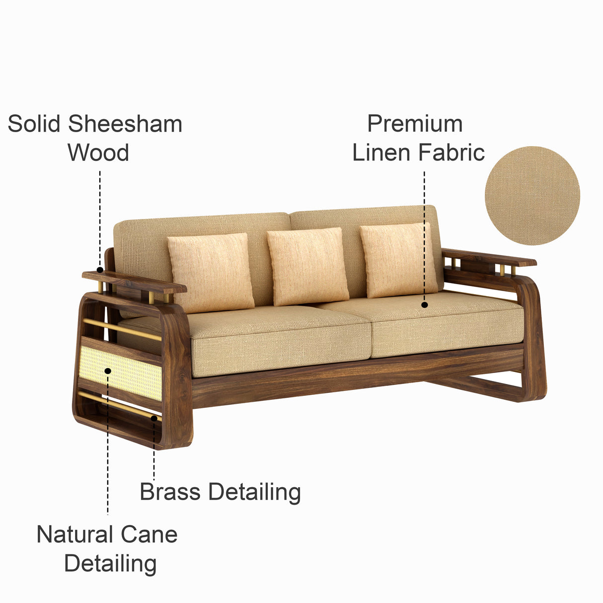 Edin Solid Sheesham Wood 3 Seater Sofa With Cane & Brass Detailing - 3 Year Warranty (LUXE EDITION)