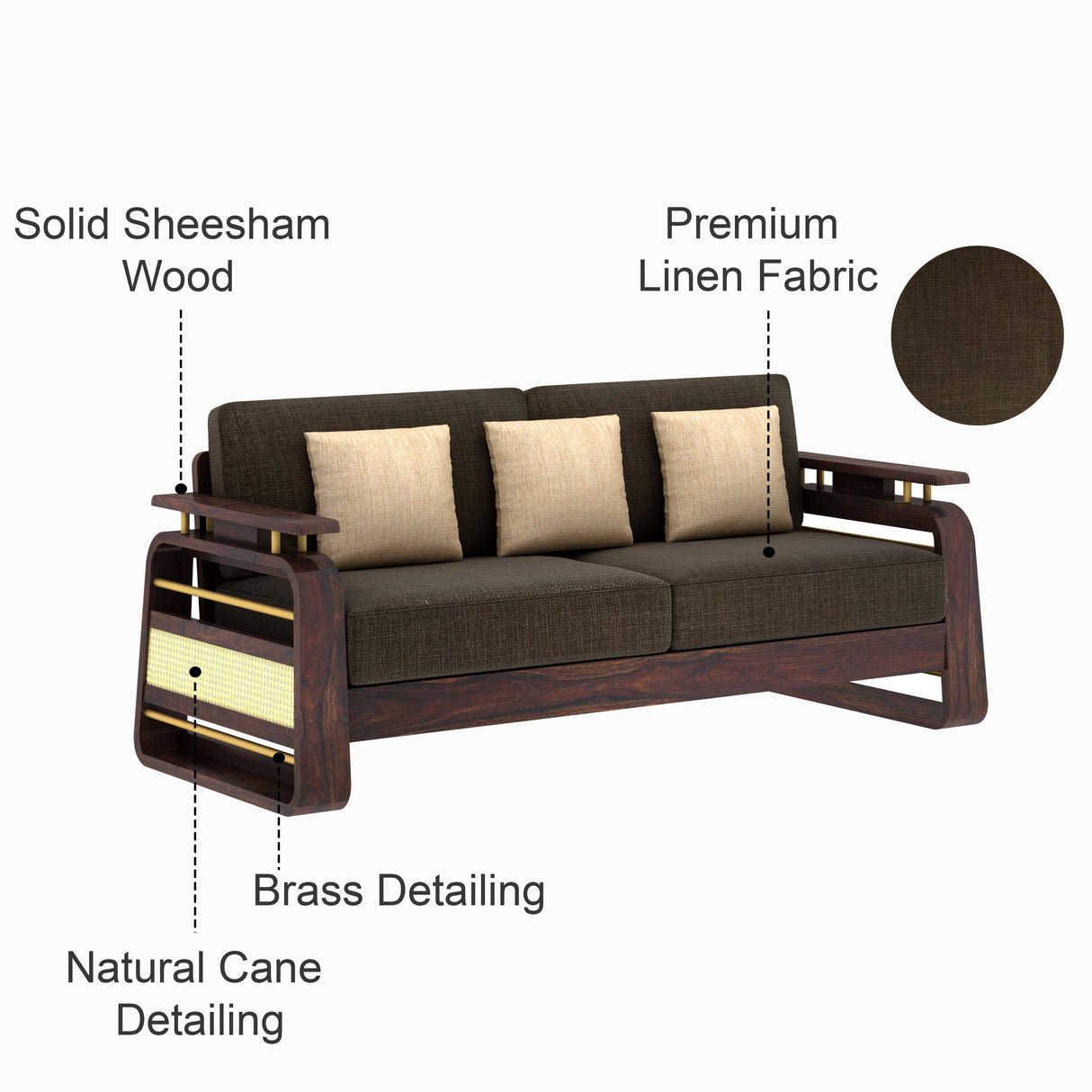 Edin Solid Sheesham Wood 3 Seater Sofa With Cane & Brass Detailing - 3 Year Warranty (LUXE EDITION)