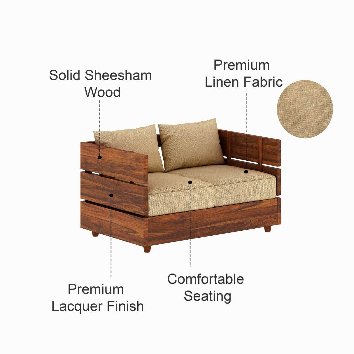 Cairo Solid Sheesham Wood 2 Seater Sofa - 3 Year Warranty (LUXE EDITION)
