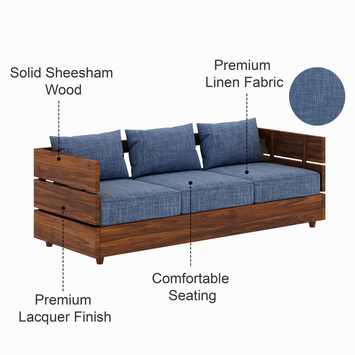 Cairo Solid Sheesham Wood 3 Seater Sofa - 3 Year Warranty (LUXE EDITION)