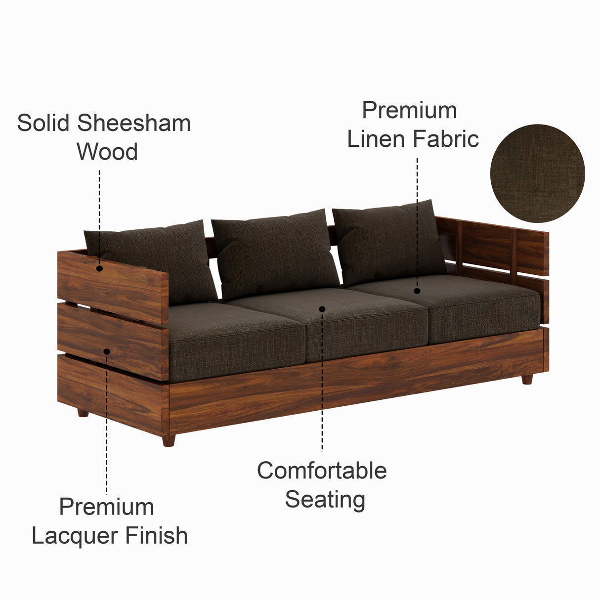 Cairo Solid Sheesham Wood 3 Seater Sofa - 3 Year Warranty (LUXE EDITION)