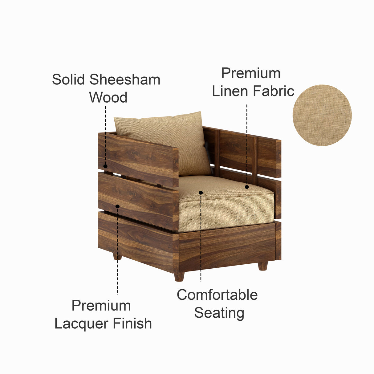 Cairo Solid Sheesham Wood Single Seater Sofa - 3 Year Warranty (LUXE EDITION)