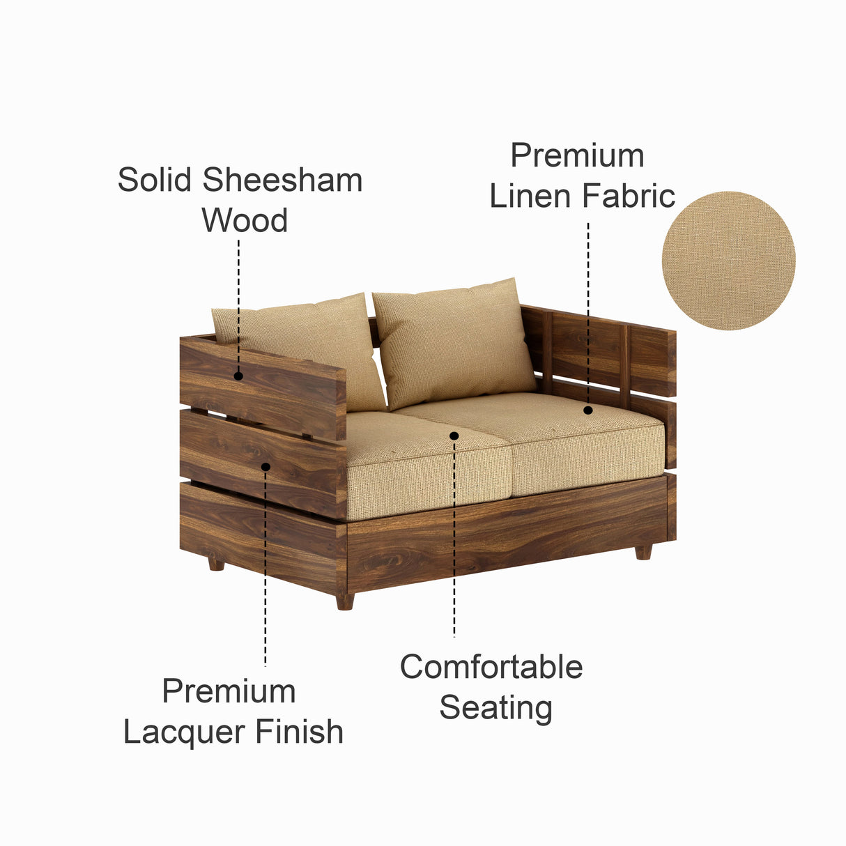 Cairo Solid Sheesham Wood 2 Seater Sofa - 3 Year Warranty (LUXE EDITION)
