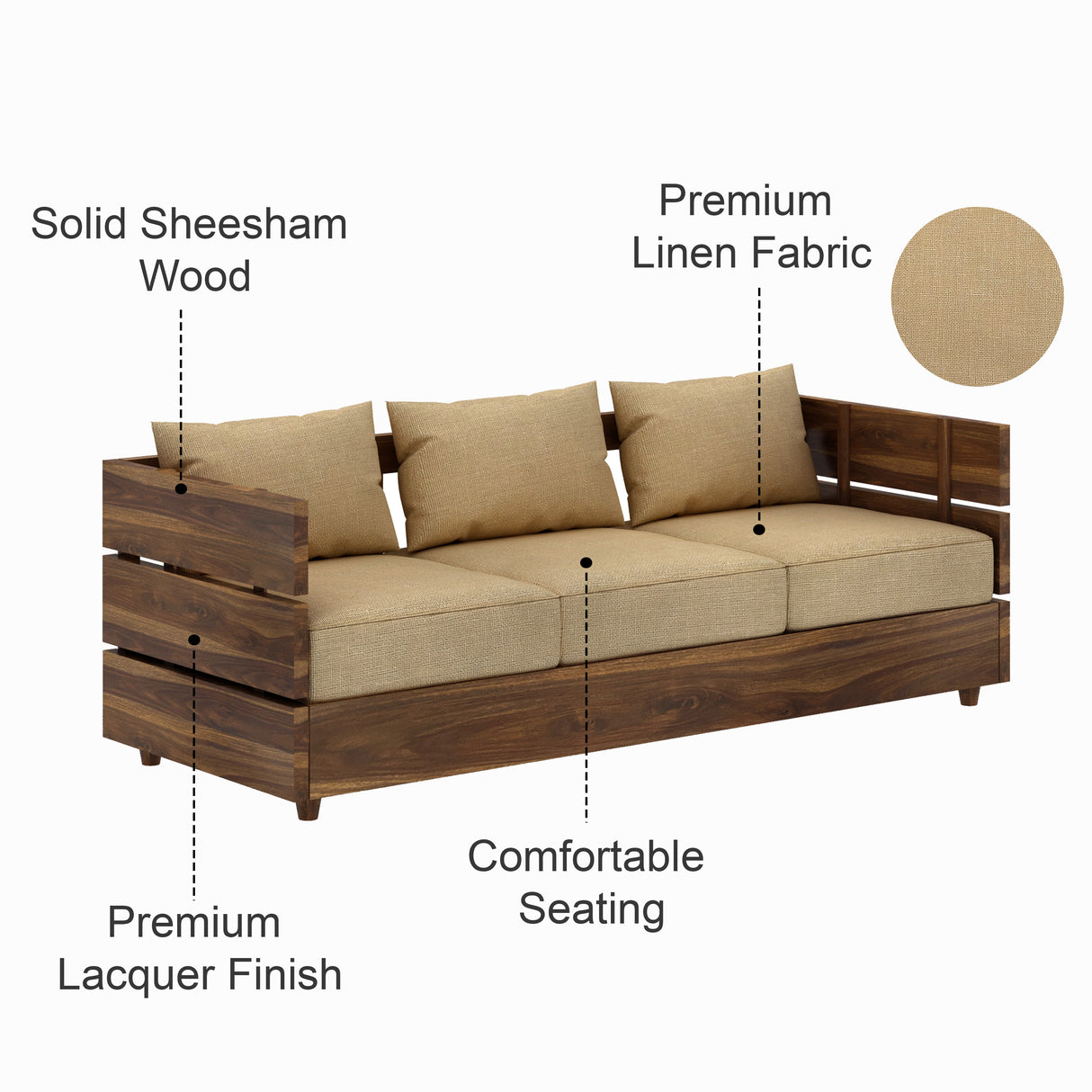 Cairo Solid Sheesham Wood 3 Seater Sofa - 3 Year Warranty (LUXE EDITION)
