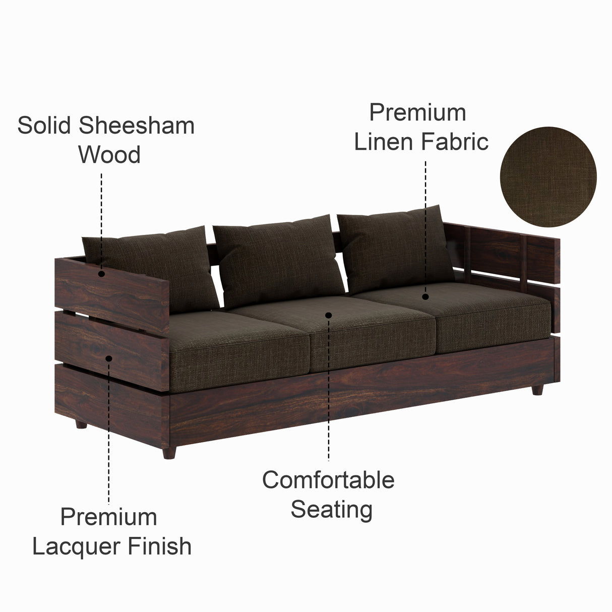 Cairo Solid Sheesham Wood 3 Seater Sofa - 3 Year Warranty (LUXE EDITION)