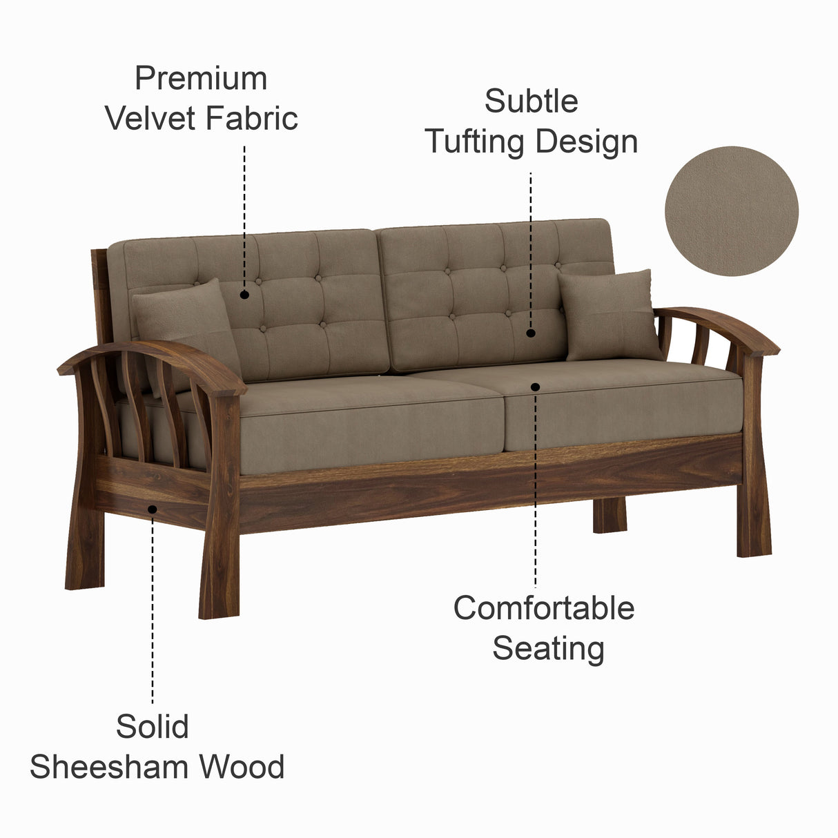 CROWN Solid Sheesham Wood 3 Seater Sofa - 3 Year Warranty (LUXE EDITION)