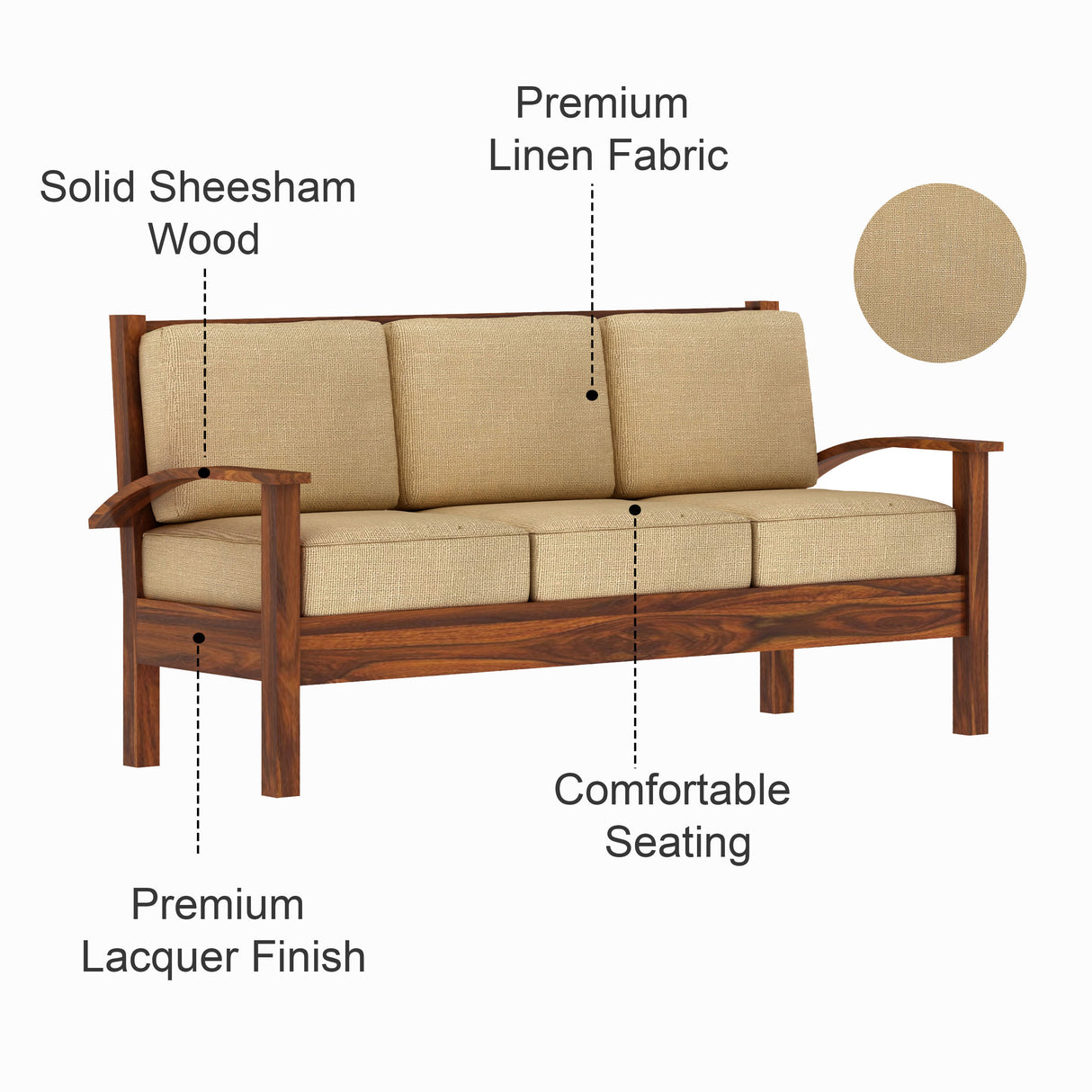 DELTA Solid Sheesham Wood 3 Seater Sofa - 3 Year Warranty (LUXE EDITION)