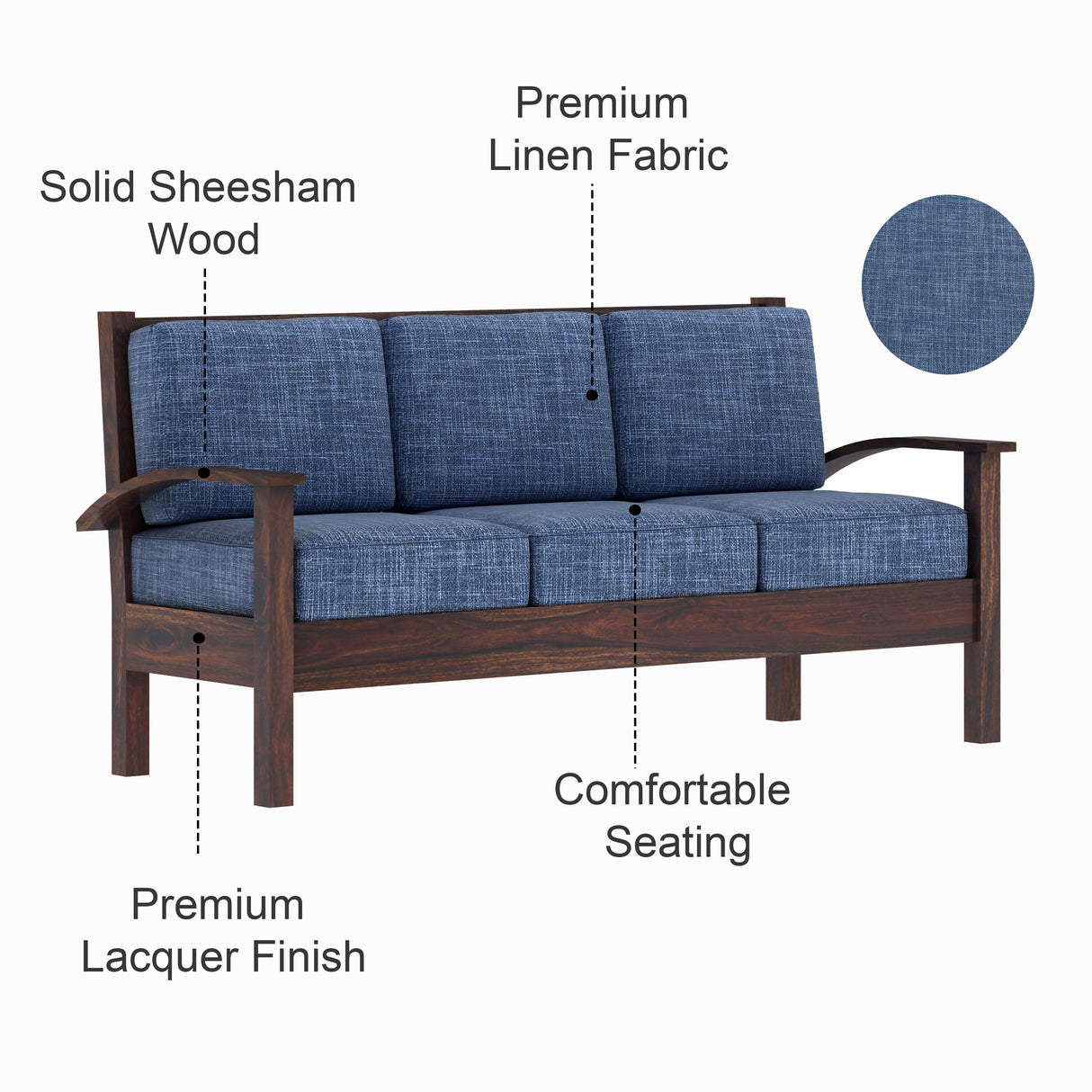 DELTA Solid Sheesham Wood 3 Seater Sofa - 3 Year Warranty (LUXE EDITION)