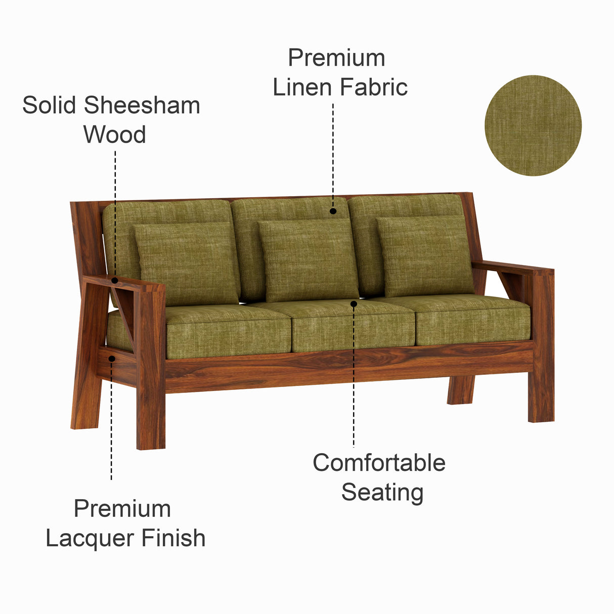 CIZAR Solid Sheesham Wood 3 Seater Sofa - 3 Year Warranty (LUXE EDITION)