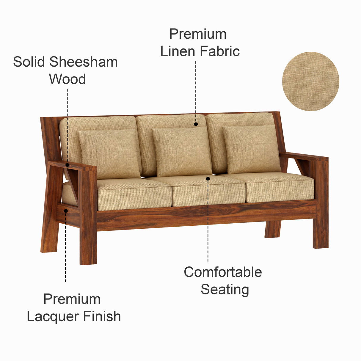 CIZAR Solid Sheesham Wood 3 Seater Sofa - 3 Year Warranty (LUXE EDITION)