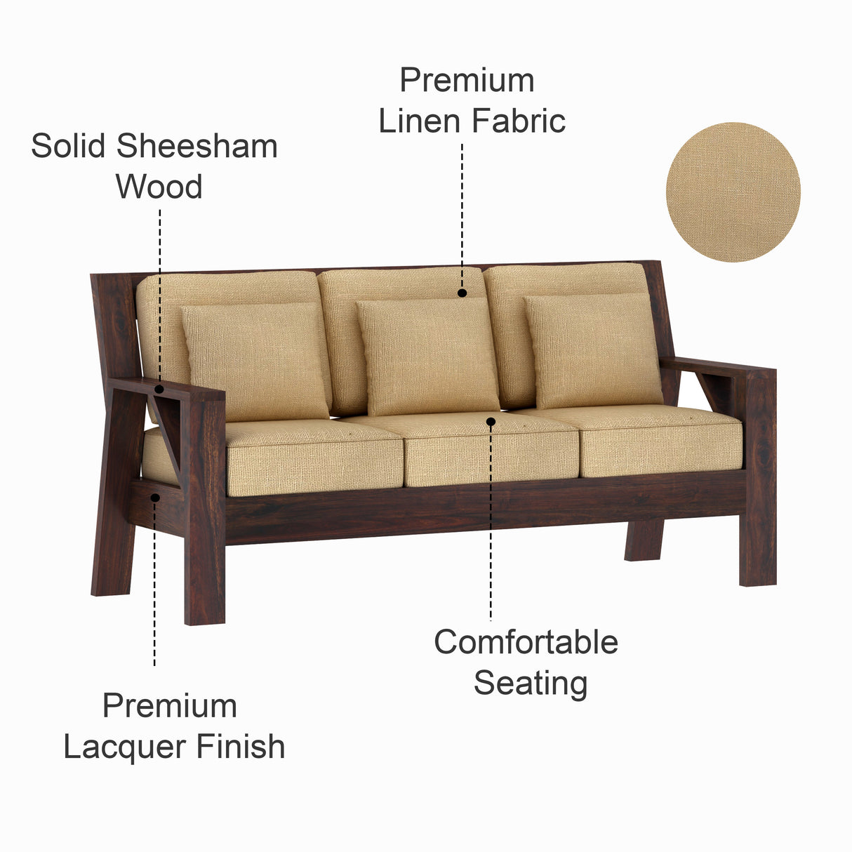 CIZAR Solid Sheesham Wood 3 Seater Sofa - 3 Year Warranty (LUXE EDITION)