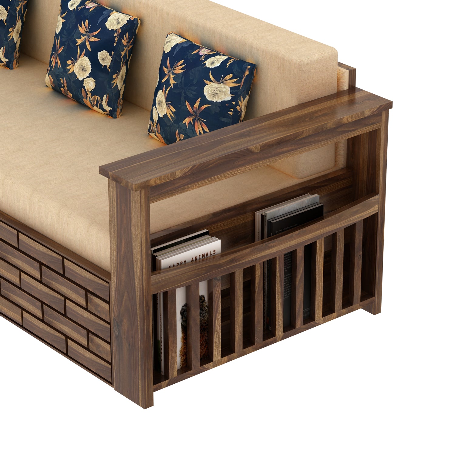 Italian Solid Sheesham Wood 3 Seater Sofa Cum Bed With Side Pockets and Fabric at Back- 3 years Warranty