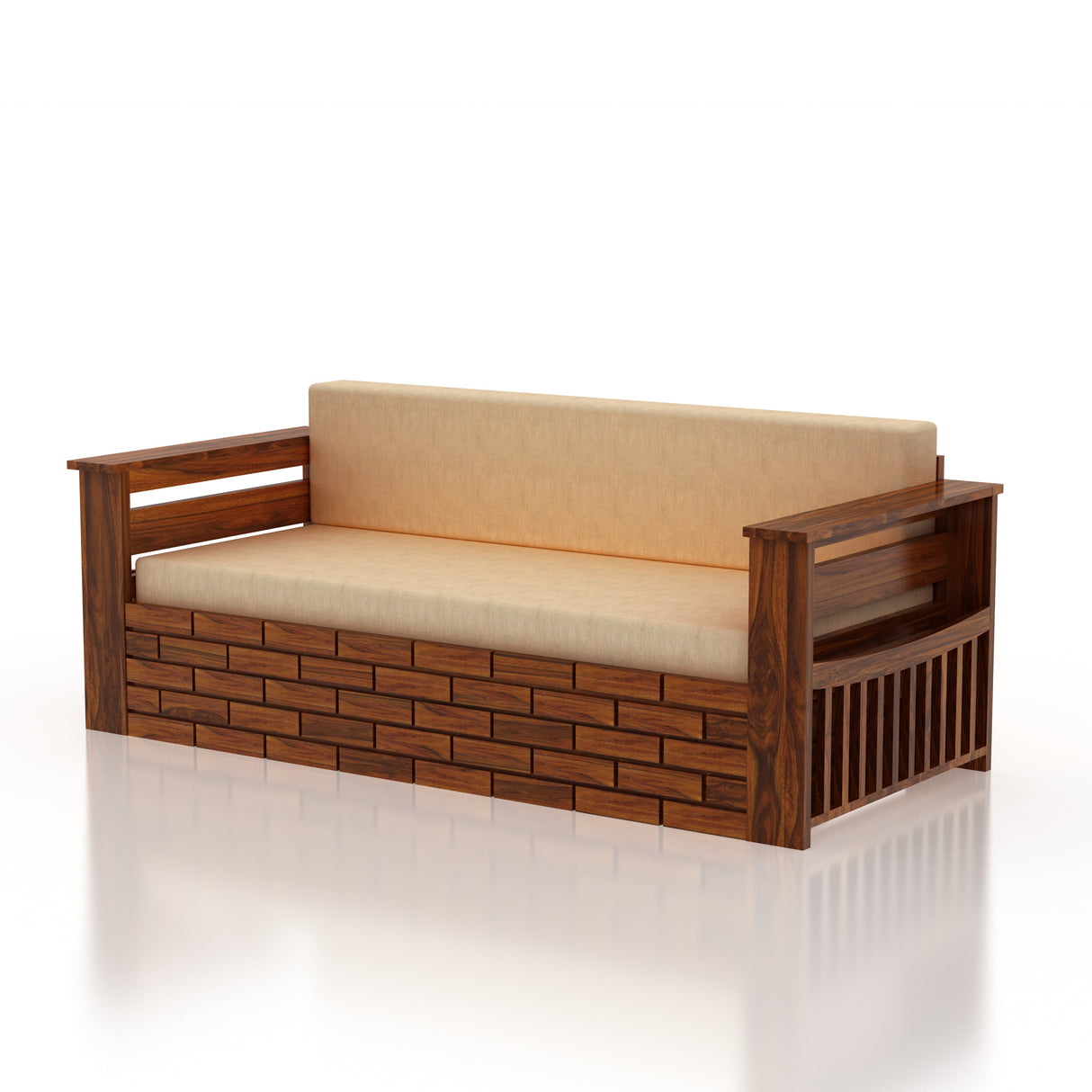 Italian Solid Sheesham Wood 3 Seater Sofa Cum Bed With Mini Storage and Side Pockets - 3 Years Warranty