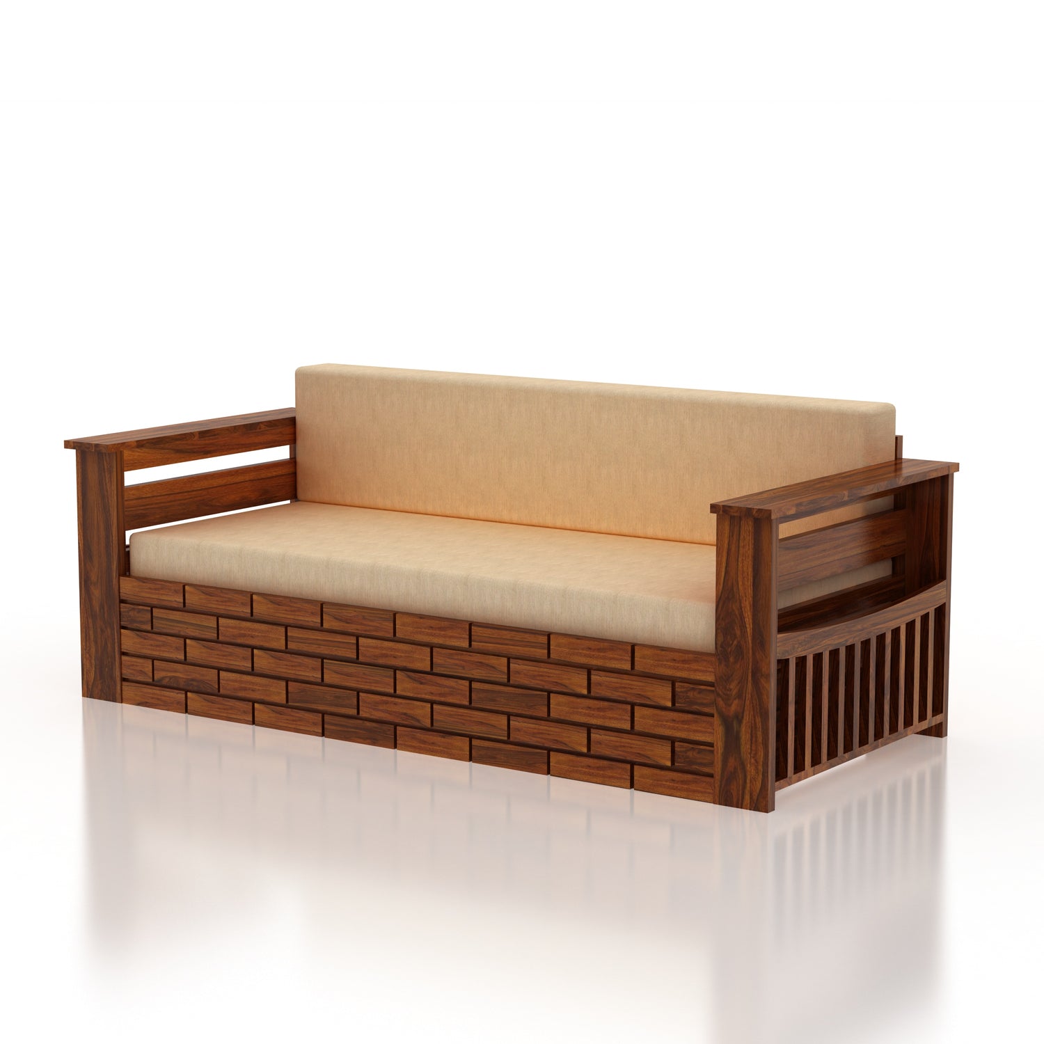 Italian Solid Sheesham Wood 3 Seater Sofa Cum Bed With Mini Storage and Side Pockets - 3 Years Warranty