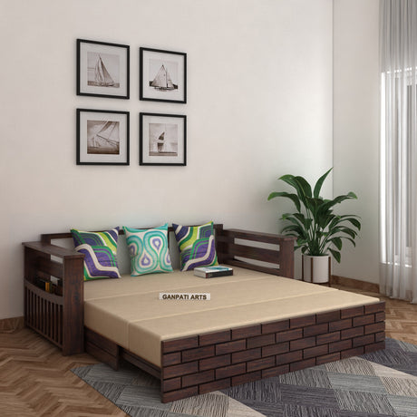 Italian Solid Sheesham Wood 3 Seater Sofa Cum Bed With Mini Storage and Side Pockets - 1 Year Warranty