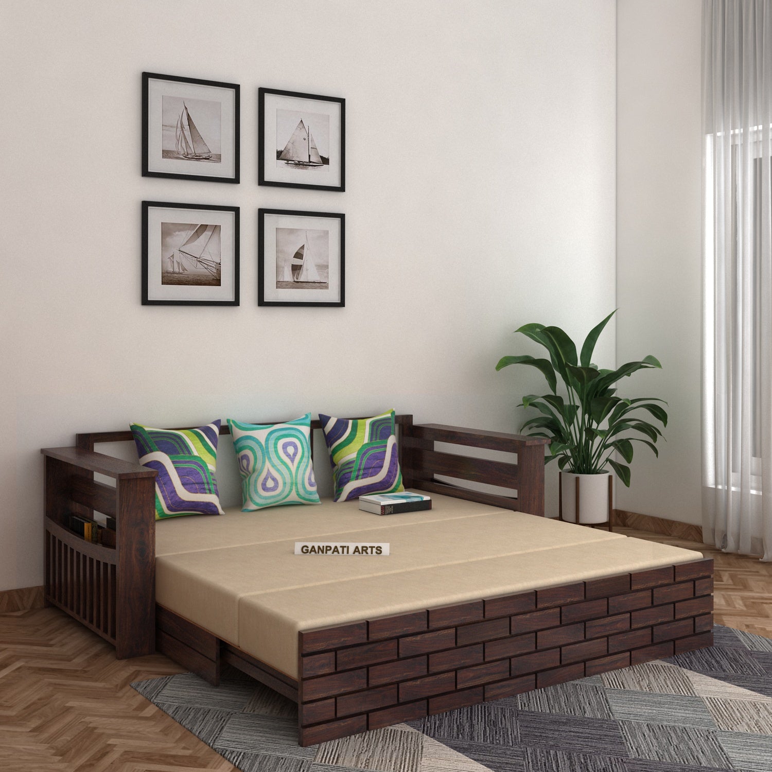 Italian Solid Sheesham Wood 3 Seater Sofa Cum Bed With Mini Storage and Side Pockets - 3 Years Warranty