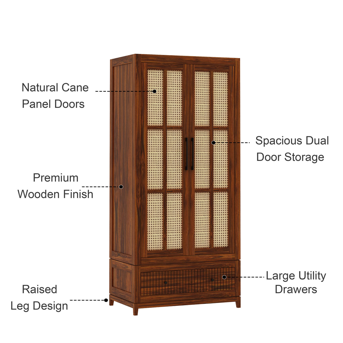 Martino Solid Sheesham Wood Wardrobe With Two Doors and Drawer - 3-Year Warranty