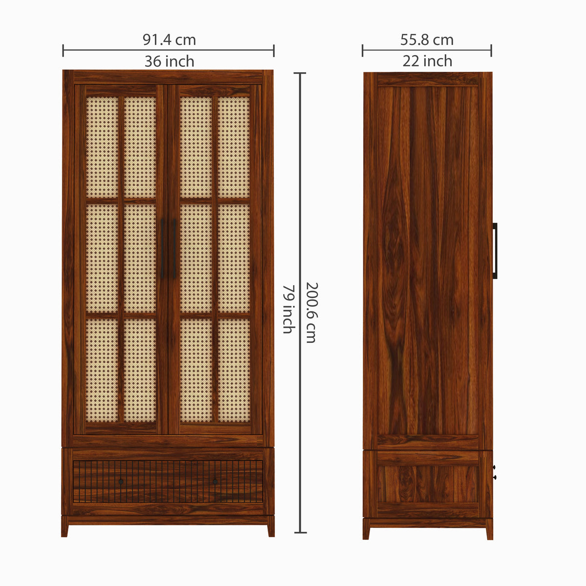 Martino Solid Sheesham Wood Wardrobe With Two Doors and Drawer - 3-Year Warranty