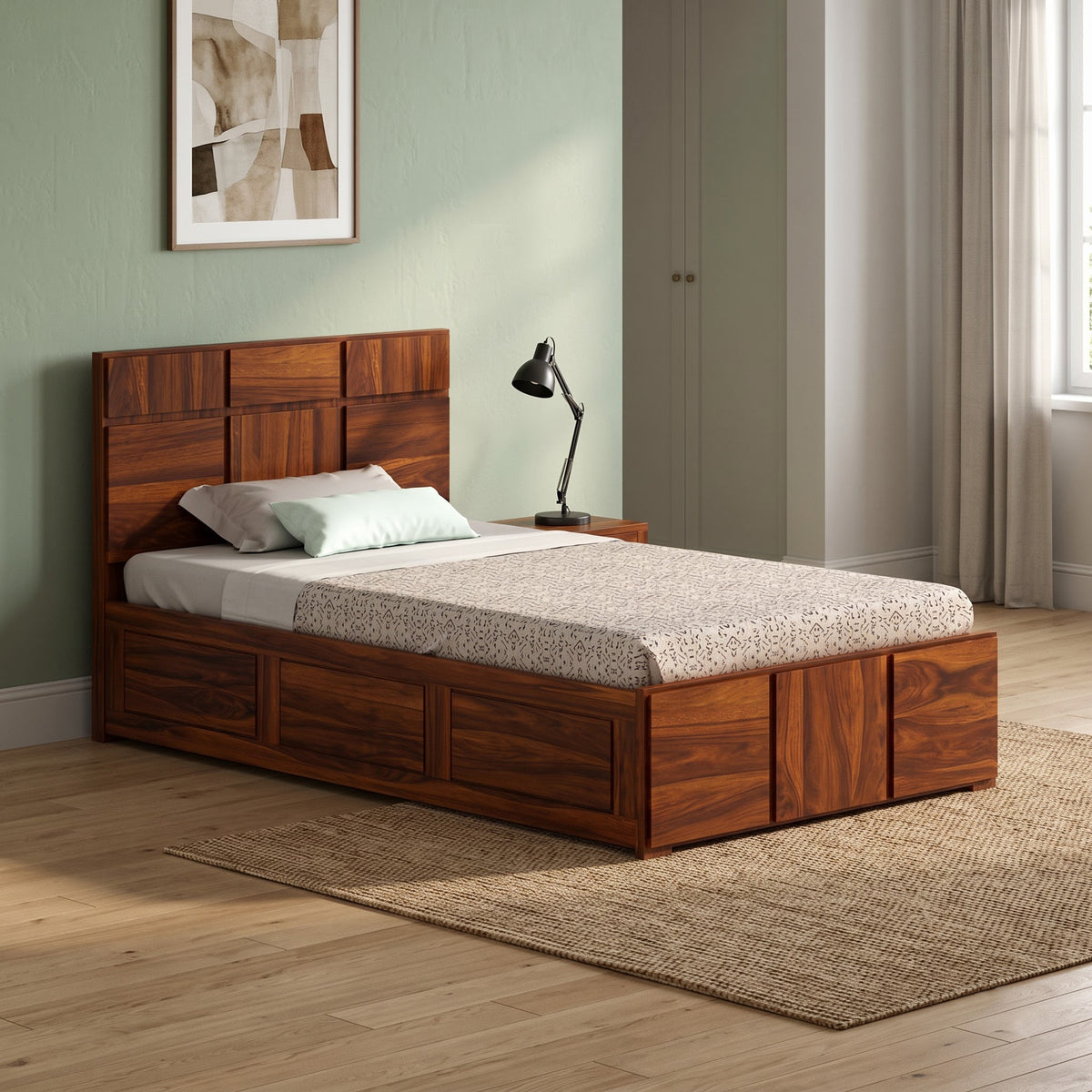 SCOTT Solid Sheesham Wood 4 Feet Bed With Box Storage - 3 Years Warranty