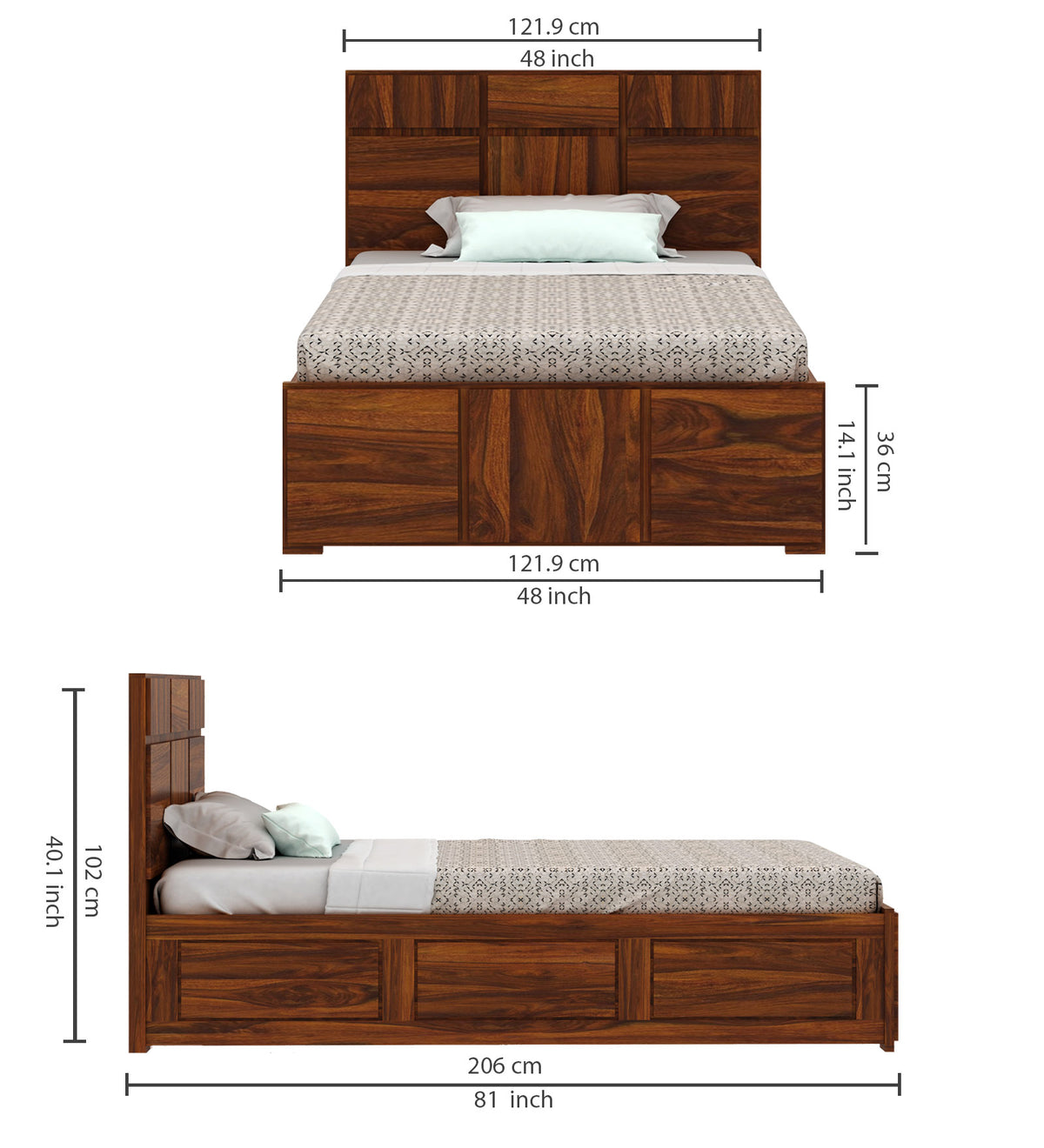 SCOTT Solid Sheesham Wood 4 Feet Bed With Box Storage - 3 Years Warranty