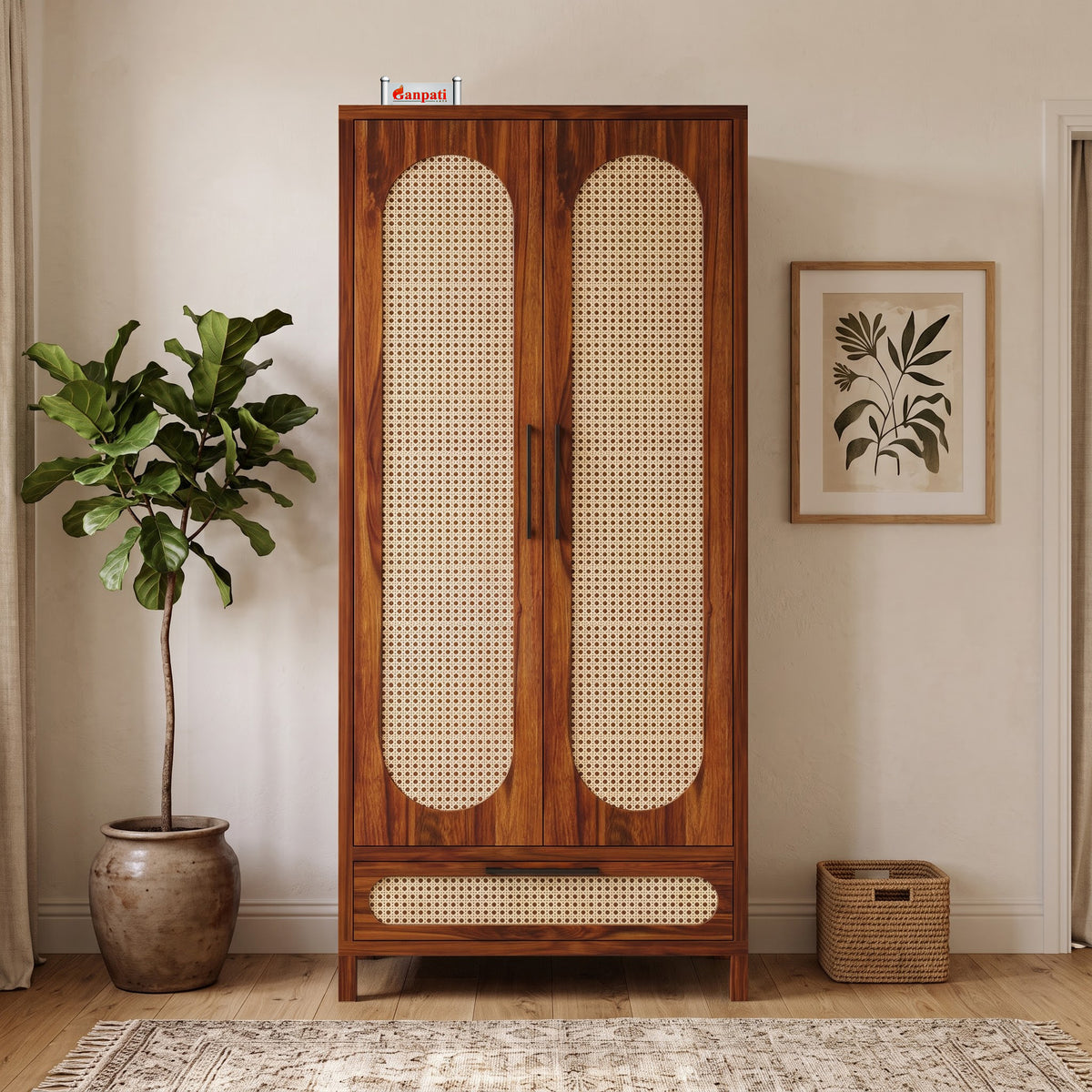 Naptune Solid Sheesham Wood Wardrobe With Two Doors and Drawer - 3-Year Warranty