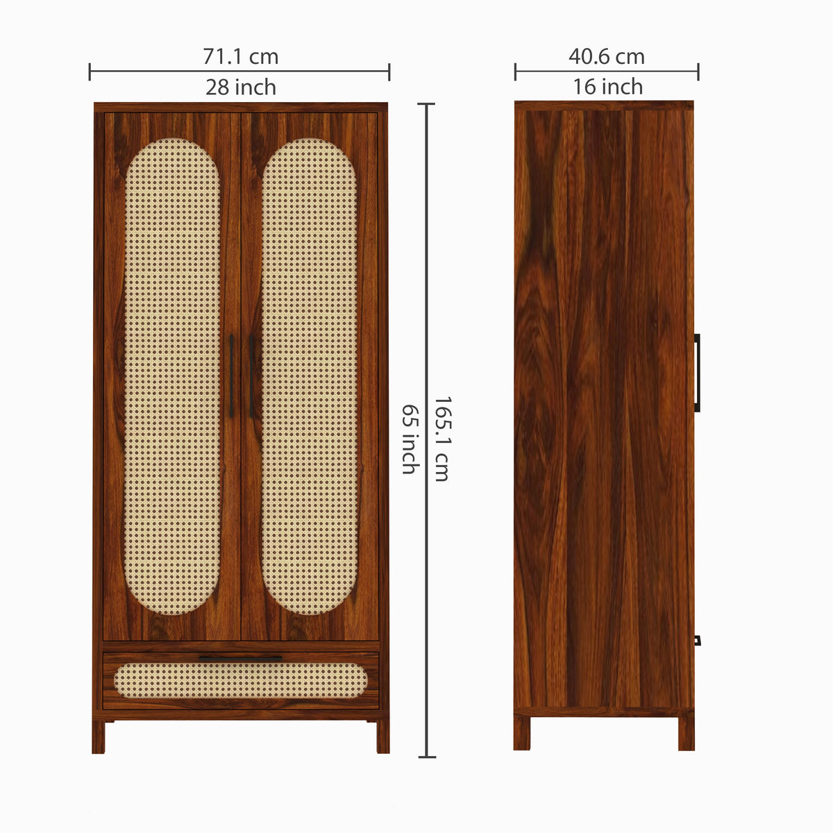 Naptune Solid Sheesham Wood Wardrobe With Two Doors and Drawer - 3-Year Warranty