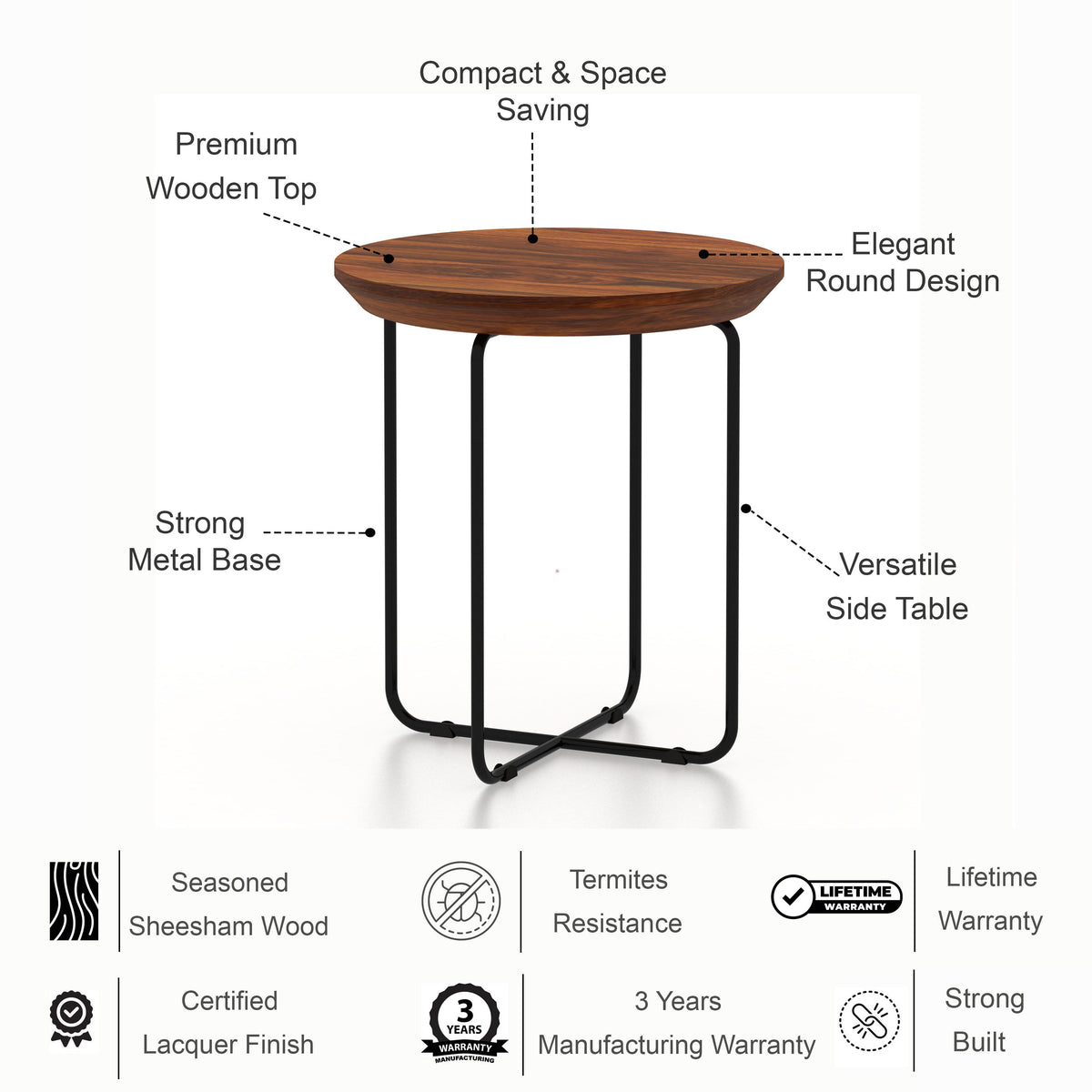 Spire Solid Sheesham Wood End Table With Iron Stand - 3 Years Warranty
