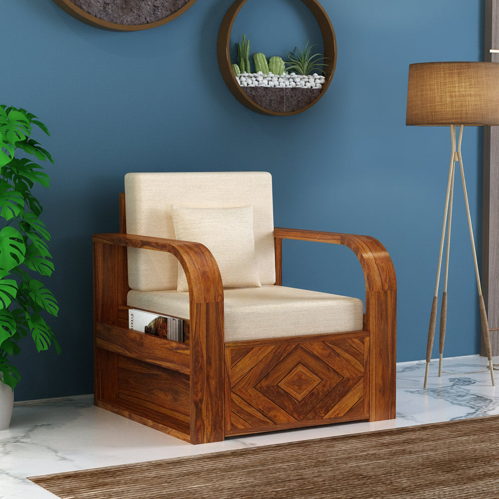 Wave Solid Sheesham Wood Single Seater Sofa With Side Pockets - 3 Years Warranty