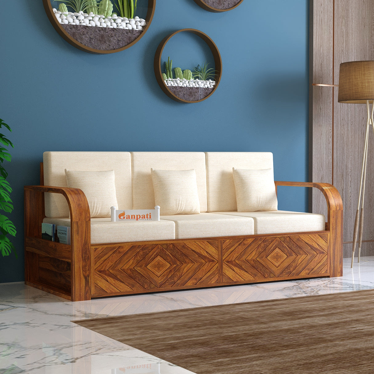 Wave Solid Sheesham Wood 3 Seater Sofa With Side Pockets - 3 Years Warranty