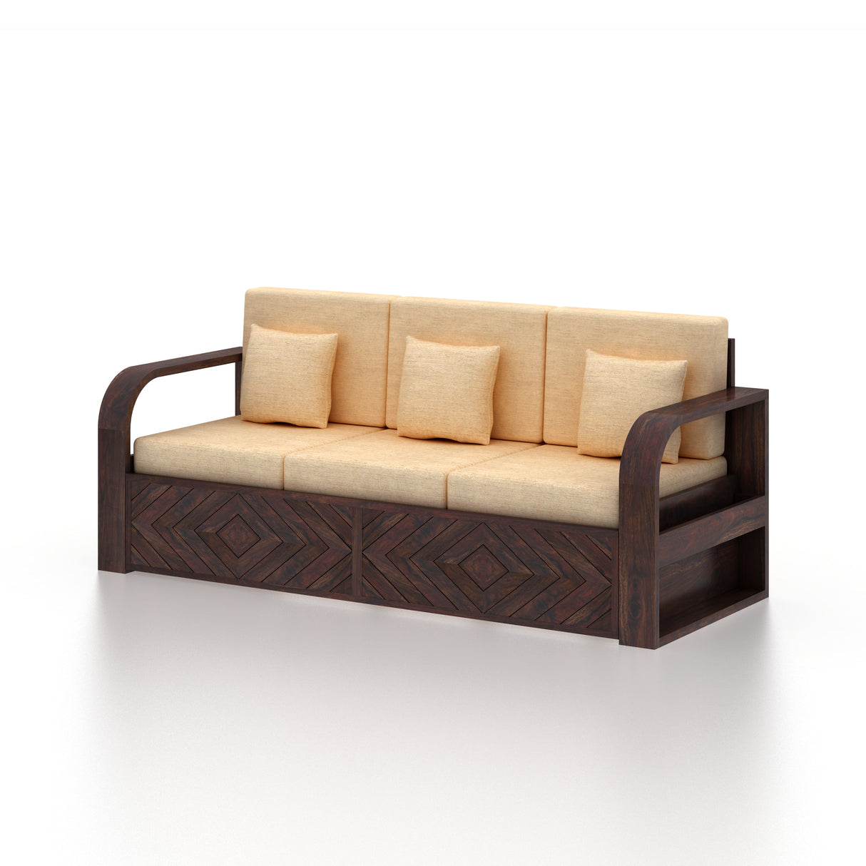 Wave Solid Sheesham Wood 3 Seater Sofa With Side Pockets - 3 Years Warranty