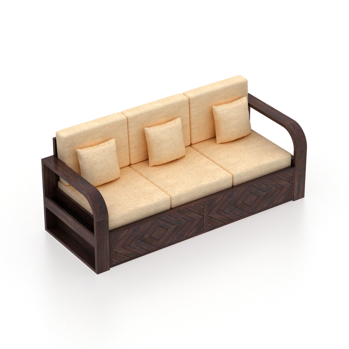 Wave Solid Sheesham Wood 3 Seater Sofa With Side Pockets - 3 Years Warranty